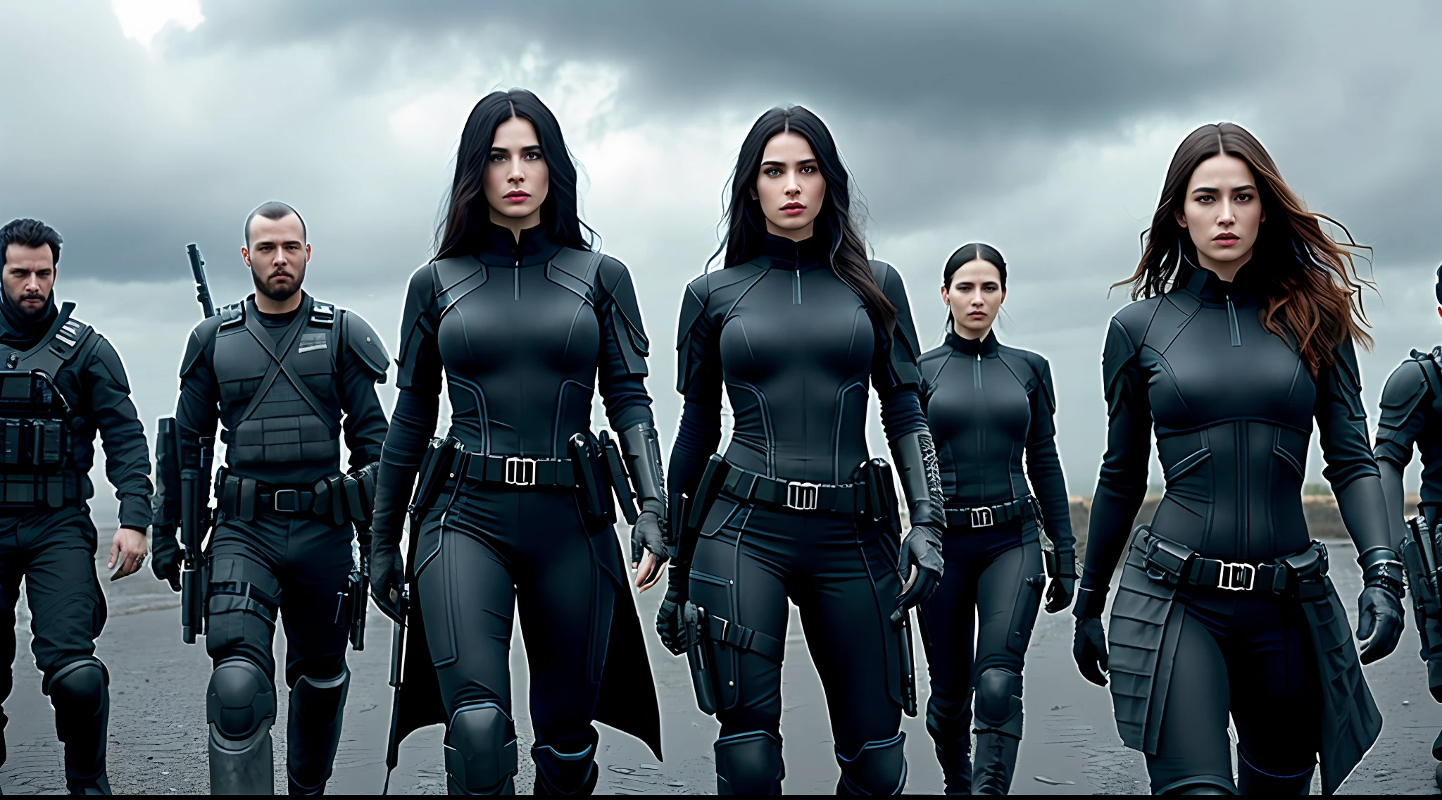 dystopian future group of determined individuals (extremely detailed and beautiful face, full body, vibrant, photorealistic, realistic, hyperrealism, insanely detailed, dramatic, dark, sharp focus, 8k)