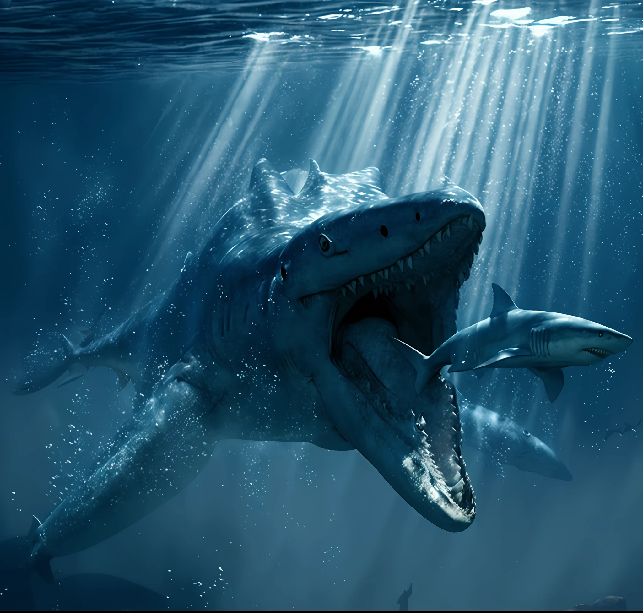 Jurassic World ancient art and realistic photography elements are combined, with a large shark with a large mouth open and a small shark swimming in the water. There are also terrifying sea monsters such as plesiosaurs, spinosaurs and drasaurs. Alexander Girimsky's imagination created an underwater world where huge sea creatures even included the bloop phenomenon.