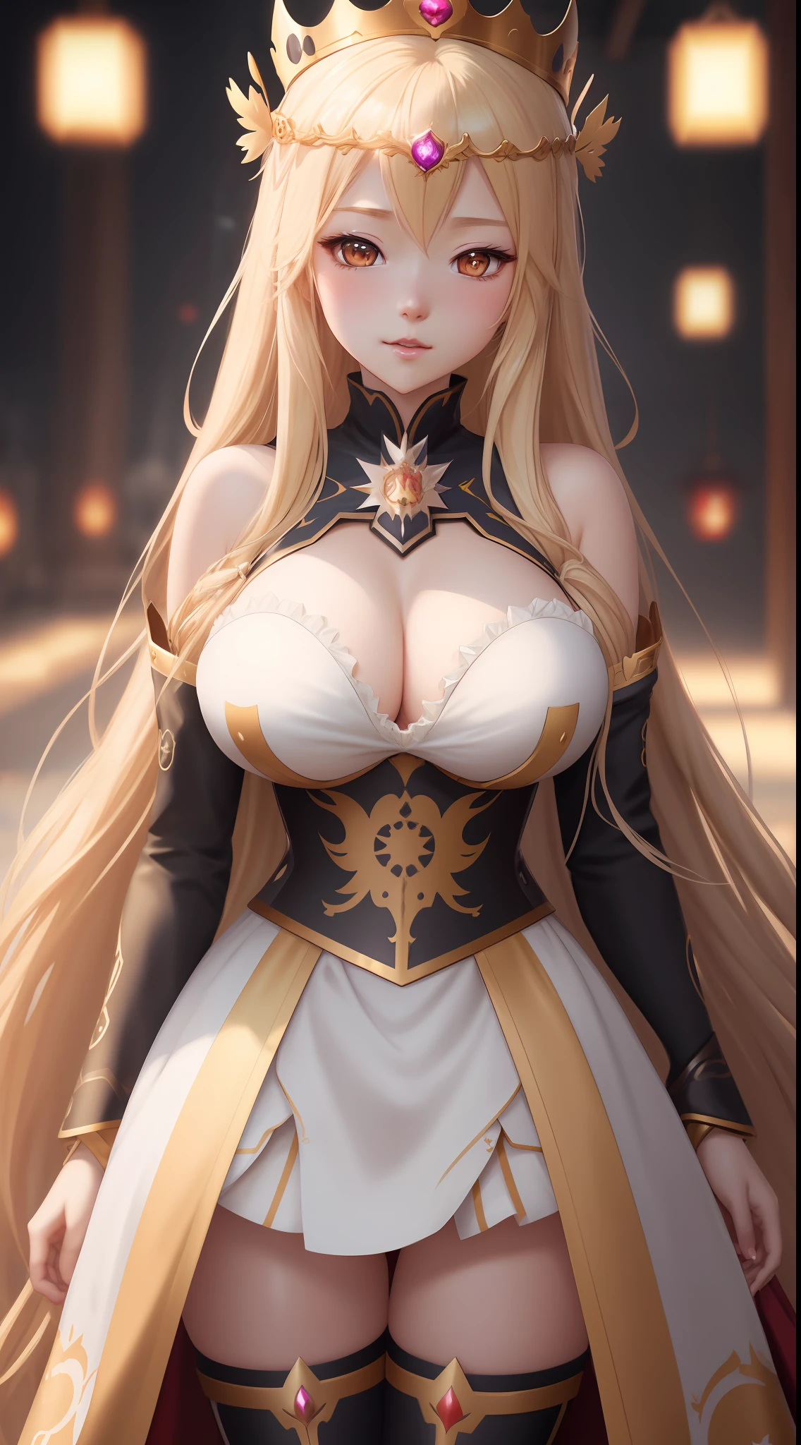 anime girl with long blonde hair wearing a costume and a crown, wlop and sakimichan, detailed digital anime art, smooth anime cg art, 8k high quality detailed art, fanart best artstation, 2. 5 d cgi anime fantasy artwork, guweiz on artstation pixiv, artwork in the style of guweiz, photorealistic anime girl render, huge breasts