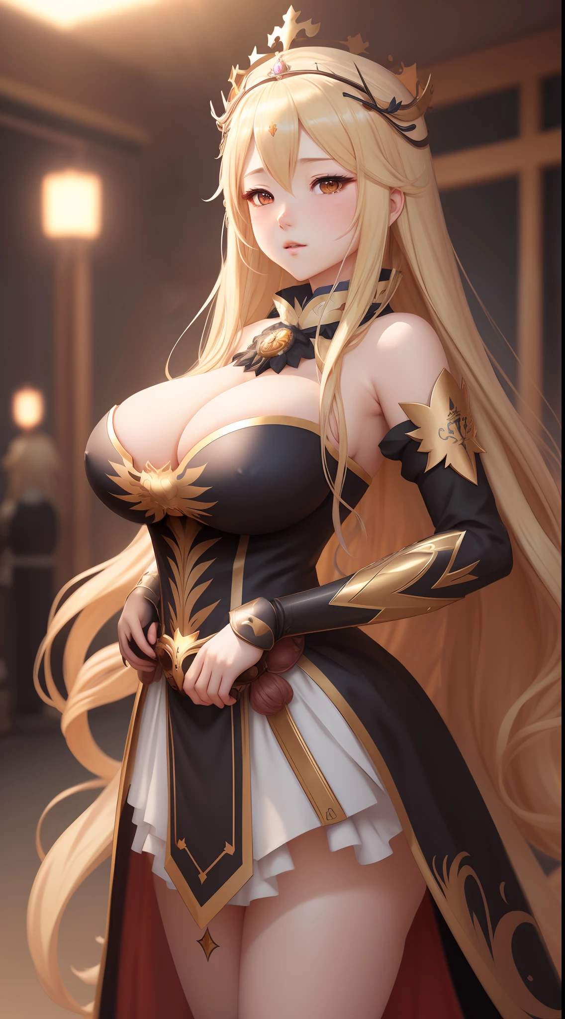 anime girl with long blonde hair wearing a costume and a crown, wlop and sakimichan, detailed digital anime art, smooth anime cg art, 8k high quality detailed art, fanart best artstation, 2. 5 d cgi anime fantasy artwork, guweiz on artstation pixiv, artwork in the style of guweiz, photorealistic anime girl render, huge breasts
