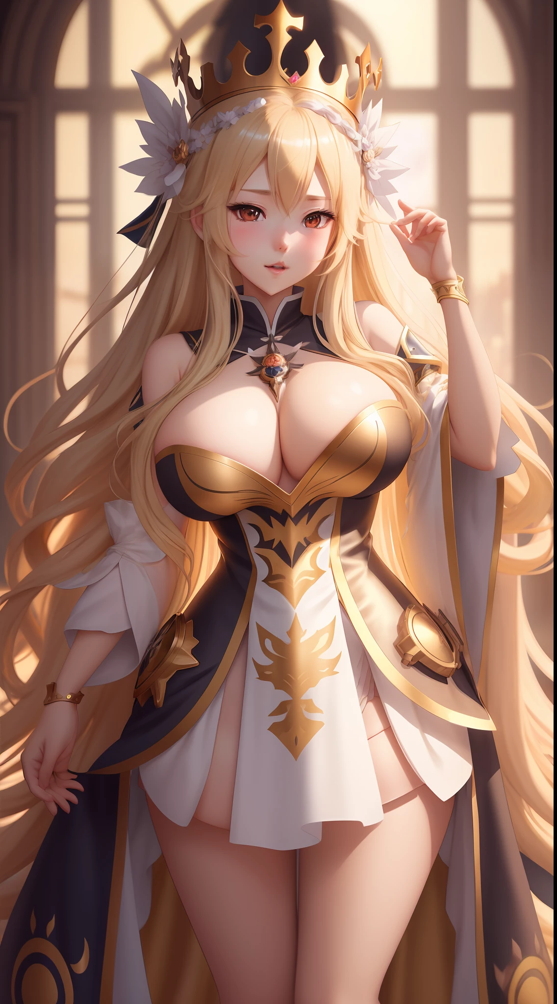 anime girl with long blonde hair wearing a costume and a crown, wlop and sakimichan, detailed digital anime art, smooth anime cg art, 8k high quality detailed art, fanart best artstation, 2. 5 d cgi anime fantasy artwork, guweiz on artstation pixiv, artwork in the style of guweiz, photorealistic anime girl render, huge breasts