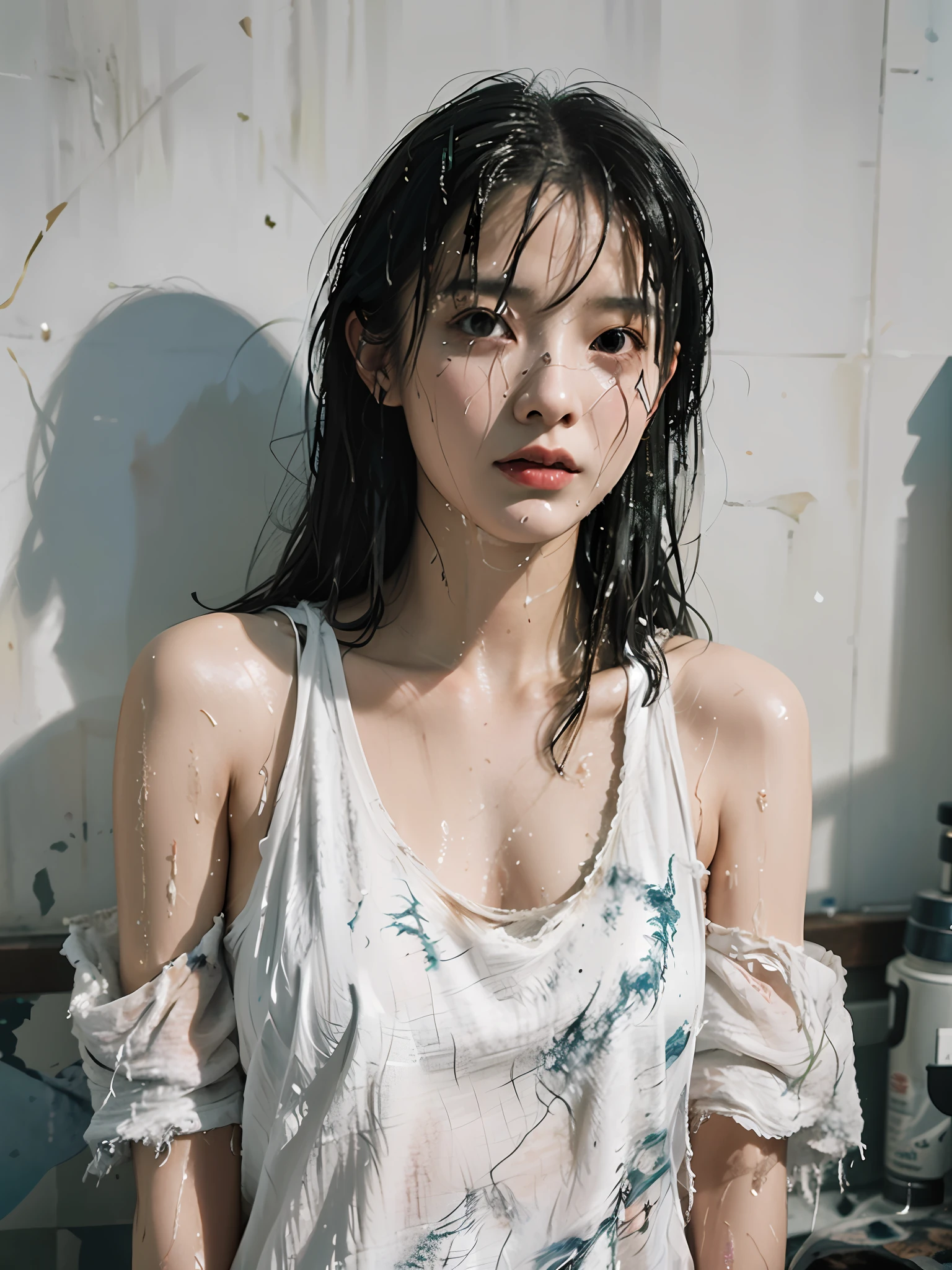 there is a woman standing in the water with a dirty shirt on, jinyoung shin, wet tshirt, wet shirt, wet look, ulzzang, heonhwa choe, photo of slim girl model, by Zhang Han, korean women's fashion model, beautiful south korean woman, seseon yoon, korean girl, beautiful young korean woman