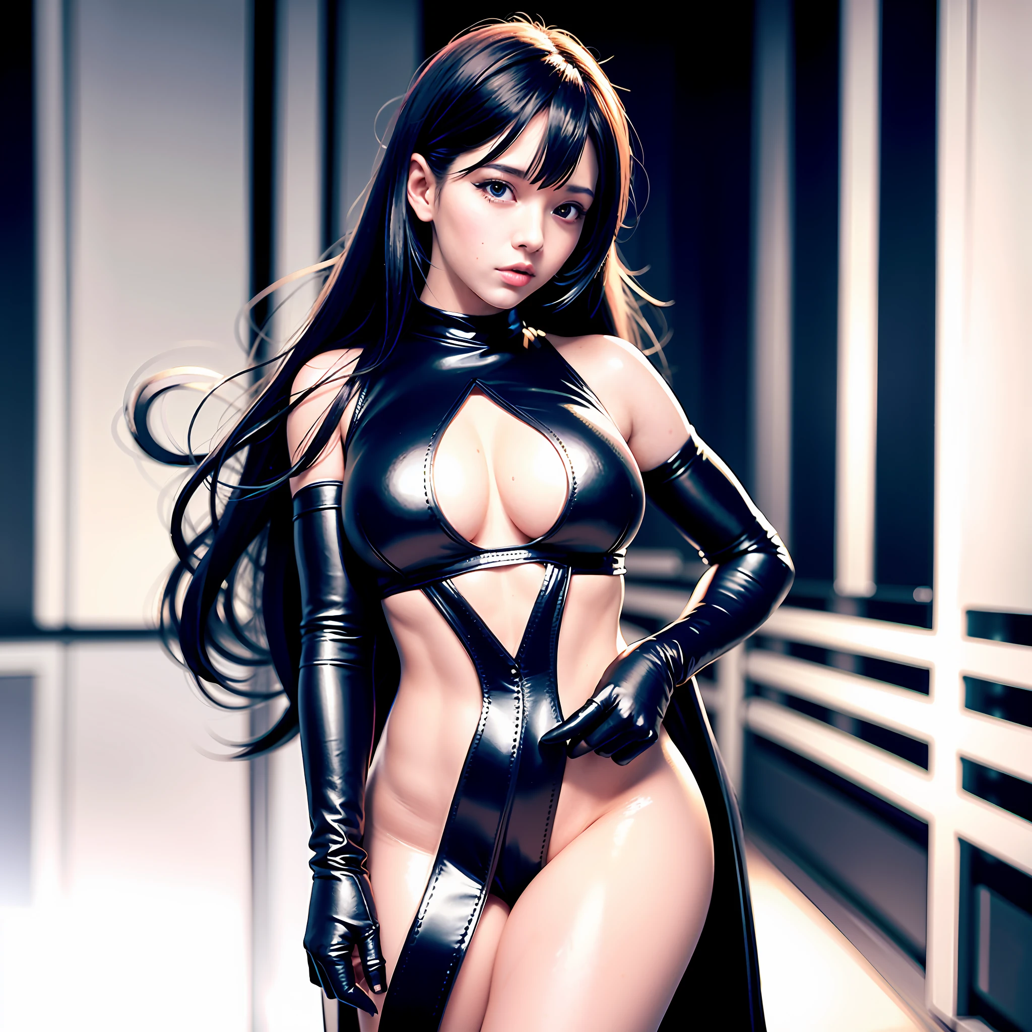 sexy woman in black leather outfit posing in hallway with long hair, seductive tifa lockhart portrait, wearing atsuko kudo latex outfit, anime girl cosplay, iu lee ji-eun as a super villain, seductive anime girl, wearing black latex outfit, oppai cyberpunk, tifa lockhart, glamorous tifa lockheart, tifa, full body xianxia, cosplay