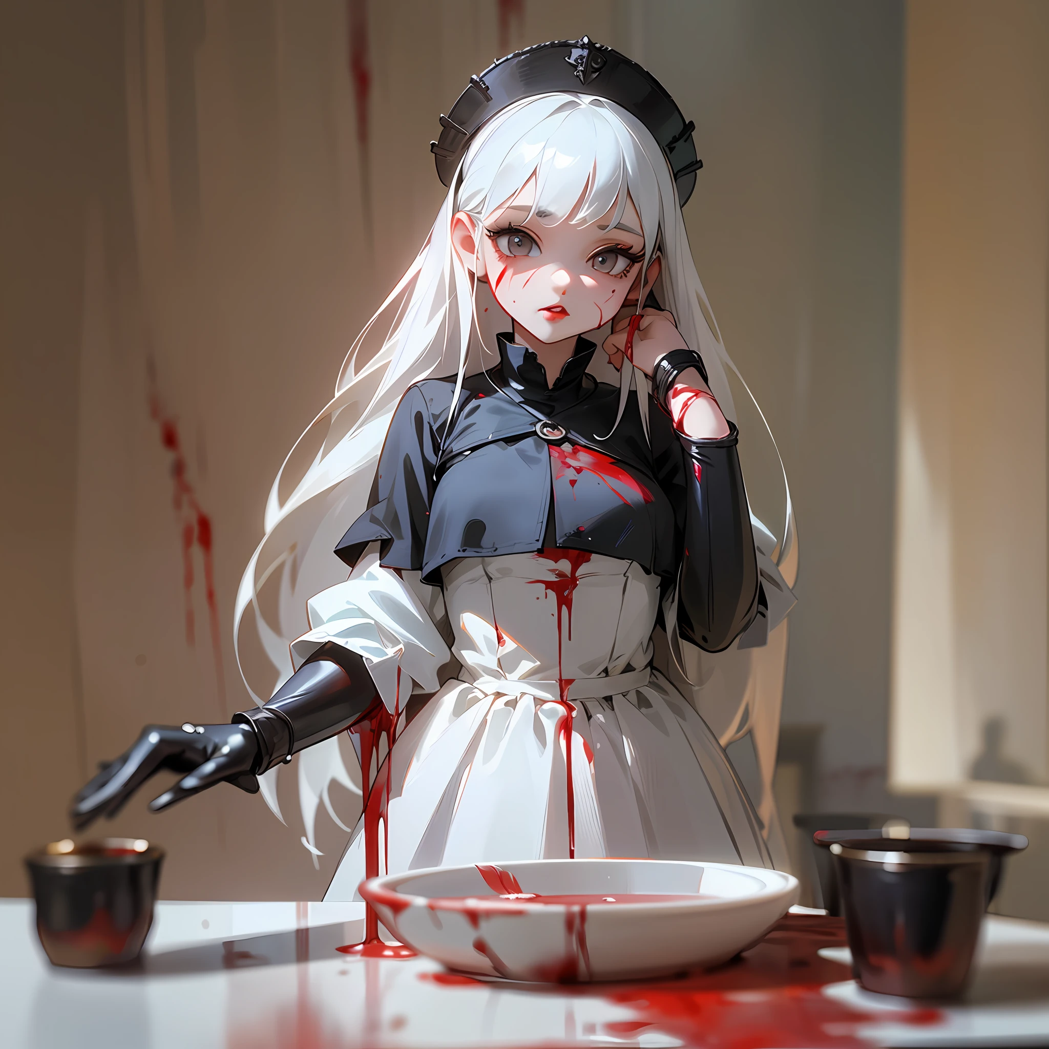 (8K, best quality: 1.2), (masterpiece: 1.37), (photorealistic: 1.37), (ultra-high resolution), 3D model, standing on the table, 3D figure, realism, anime style figures, doll, ((anime girl)), (chibi fiugrka) 1girl, model, white dress, white eyes, white hair, big eyelashes, white eyelashes, red lips, dull face, full height figure, ((blade of blood)), (blood), ((blood drips)), background table, figurine standing on the table