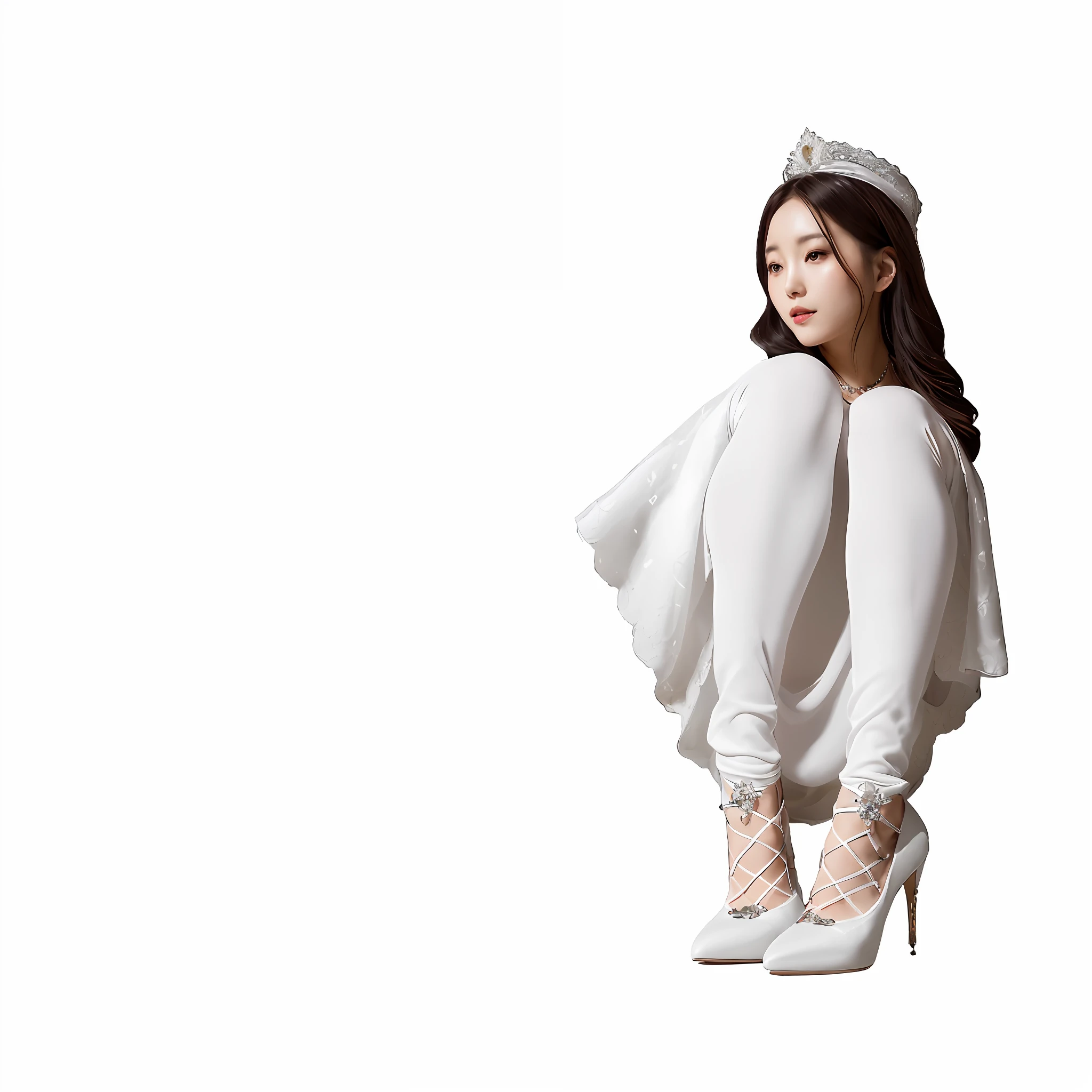 There is a woman in a gorgeous jewelry dress sitting on a chair, white background!!!!!!!!!!, royal elegant pose, wearing white clothes, white shoes, portrait of Korean female idol, white background: 3, Ji-min, anime Barbie in white, wearing high heels and white dress, wearing white tights, squatting with spread legs, anime Barbie wearing white stockings