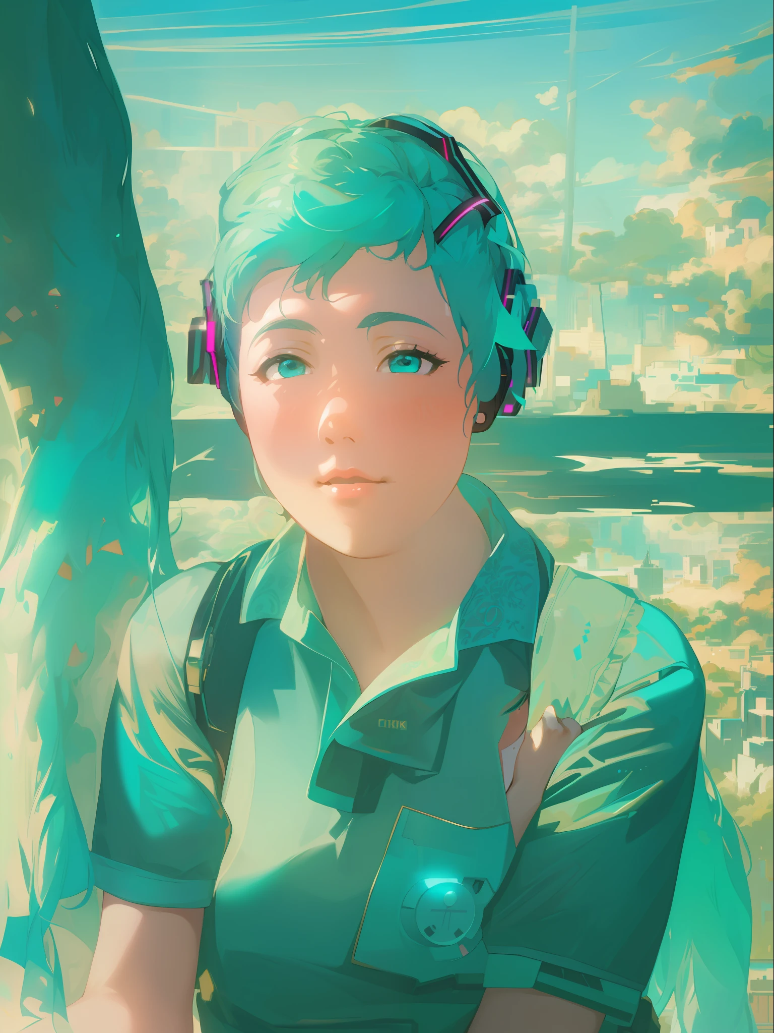 (extremely detailed CG unity 8k wallpaper,masterpiece, best quality, ultra-detailed),(best illumination, best shadow, an extremely delicate and beautiful),floating,high saturation, dynamic angle, (portrait of Hatsune Miku), black and teal color scheme, headphones, twintails, blue eyes, detailed outfit.