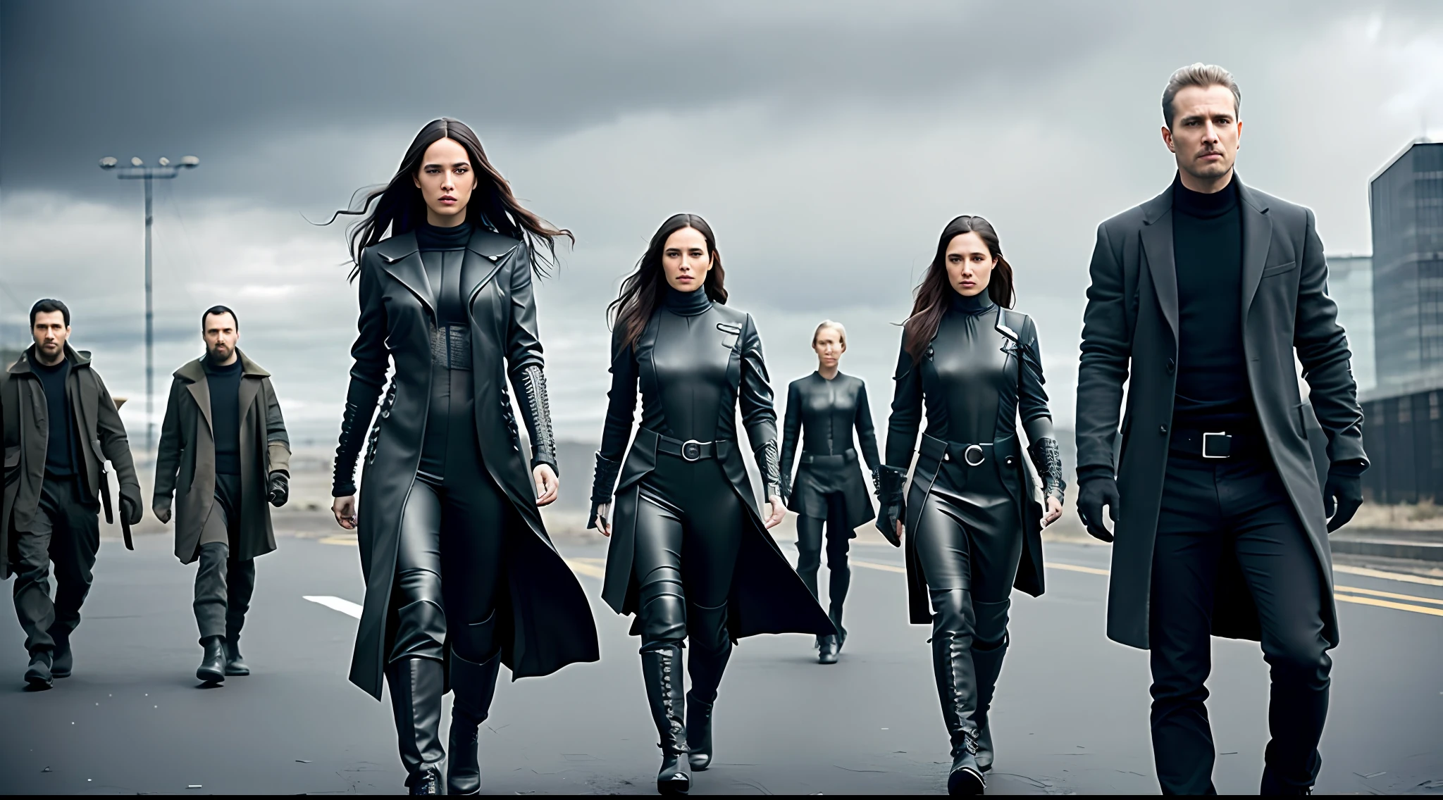 dystopian future group of determined individuals (extremely detailed and beautiful face, full body, man and woman, vibrant, photorealistic, realistic, hyperrealism, insanely detailed, dramatic, dark, sharp focus, 8k)