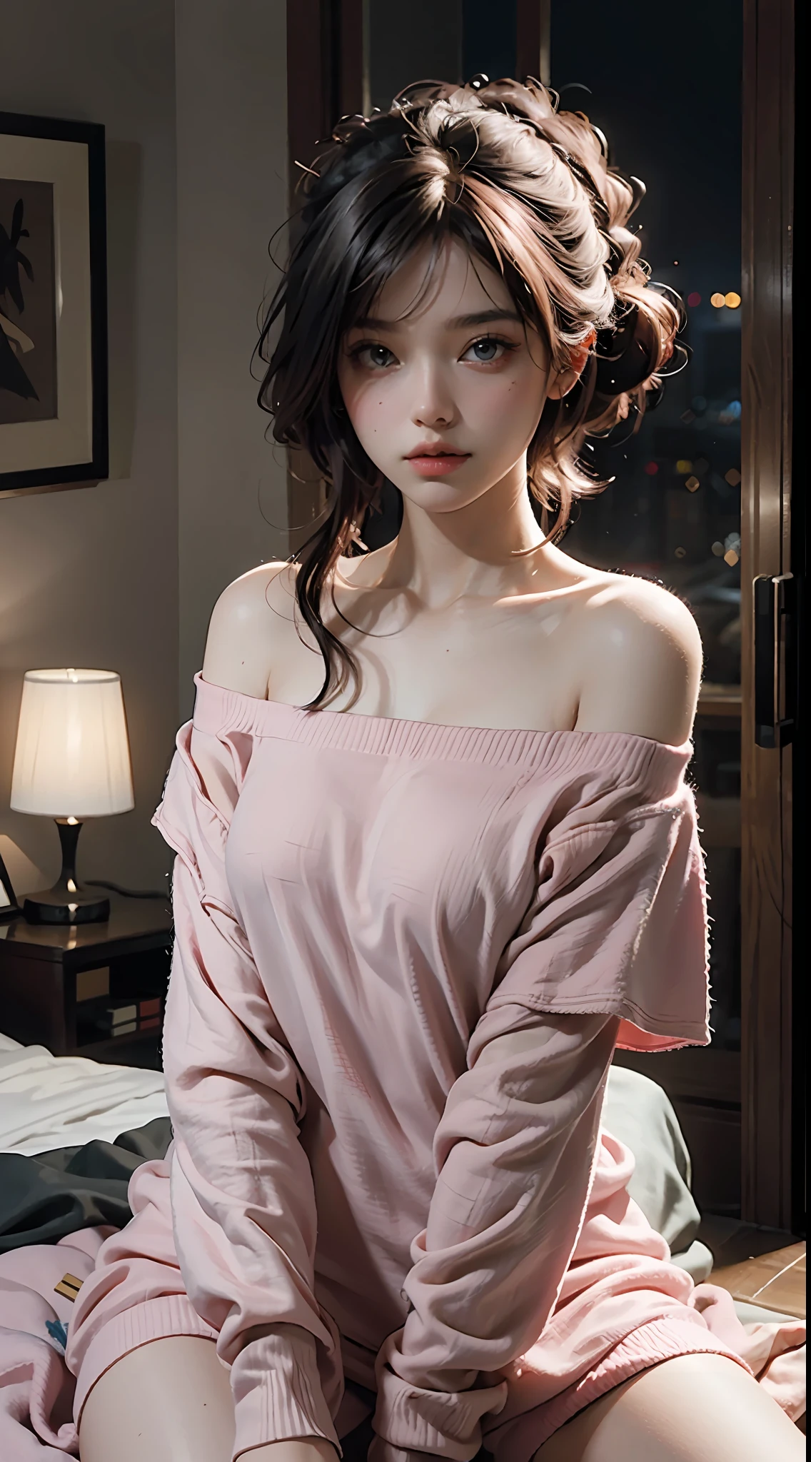 Best Quality, Masterpiece, Ultra High Resolution, (Realisticity: 1.4), Original Photo, 1girl, Pink Off-the-Shoulder, Cinematic Lighting