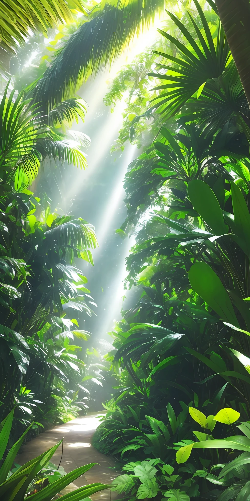 a close up of a pathway through a lush green forest, tropical forest, rainforest background, rainforest, beautiful jungle, lush jungle, background jungle, in a tropical forest, amazon rainforest background, lush rainforest, jungle as the background, fantasy jungle, tropical jungle, the background is lush jungle, forest ray light, magical jungle, green jungle, jungle, jungle environment