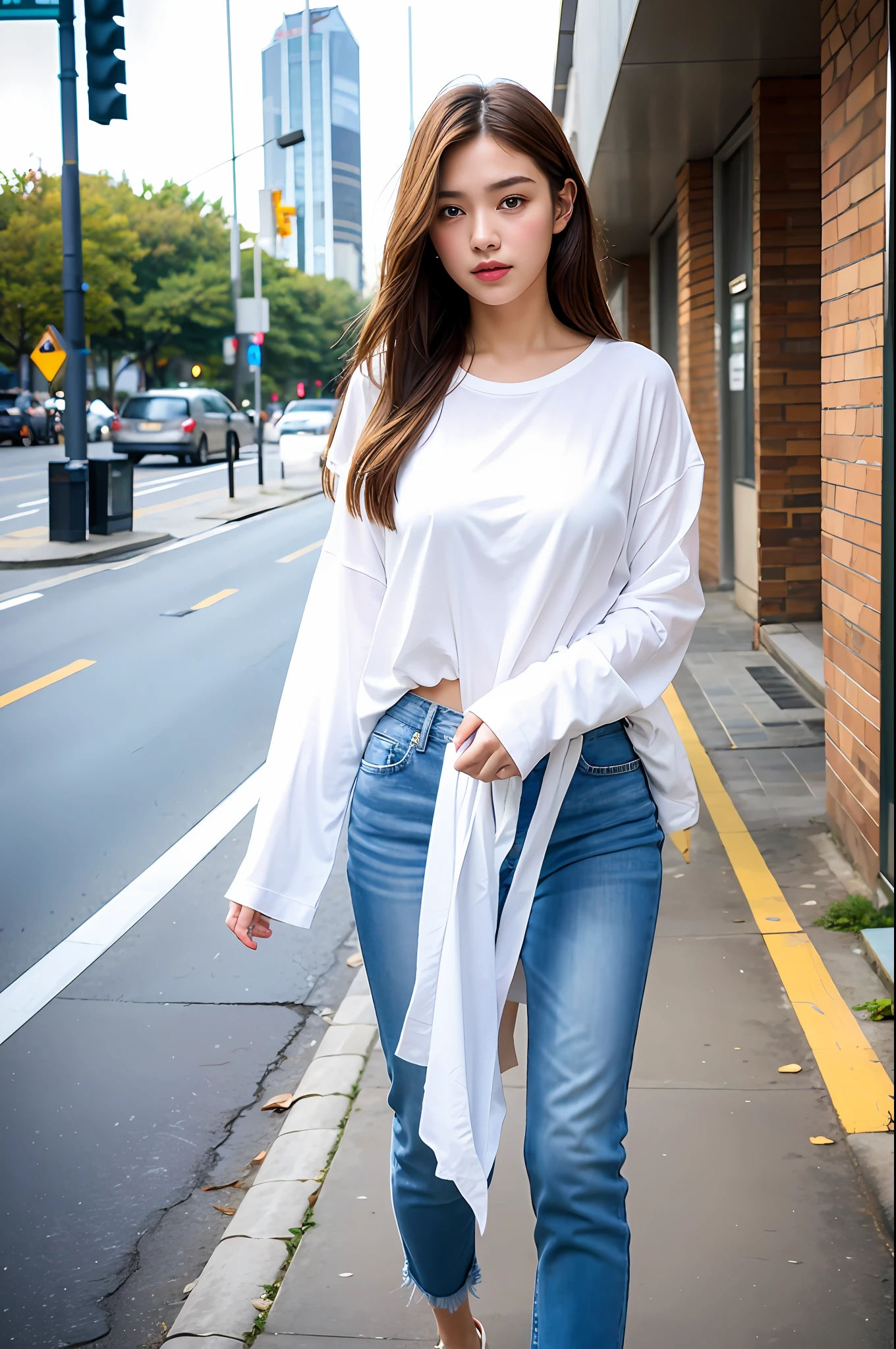 Sad theme , (best quality, masterpiece:1.2), 18yo beautiful girl walking in the city, white shirt and Jeans, , shoot the Sony a7,3.5 mm Lens, f 1.8 apature, lighting glow effect,no retouching,raw photo realistic, skin texture is very detail ,no makeup, background lighting is yellow, raining day,