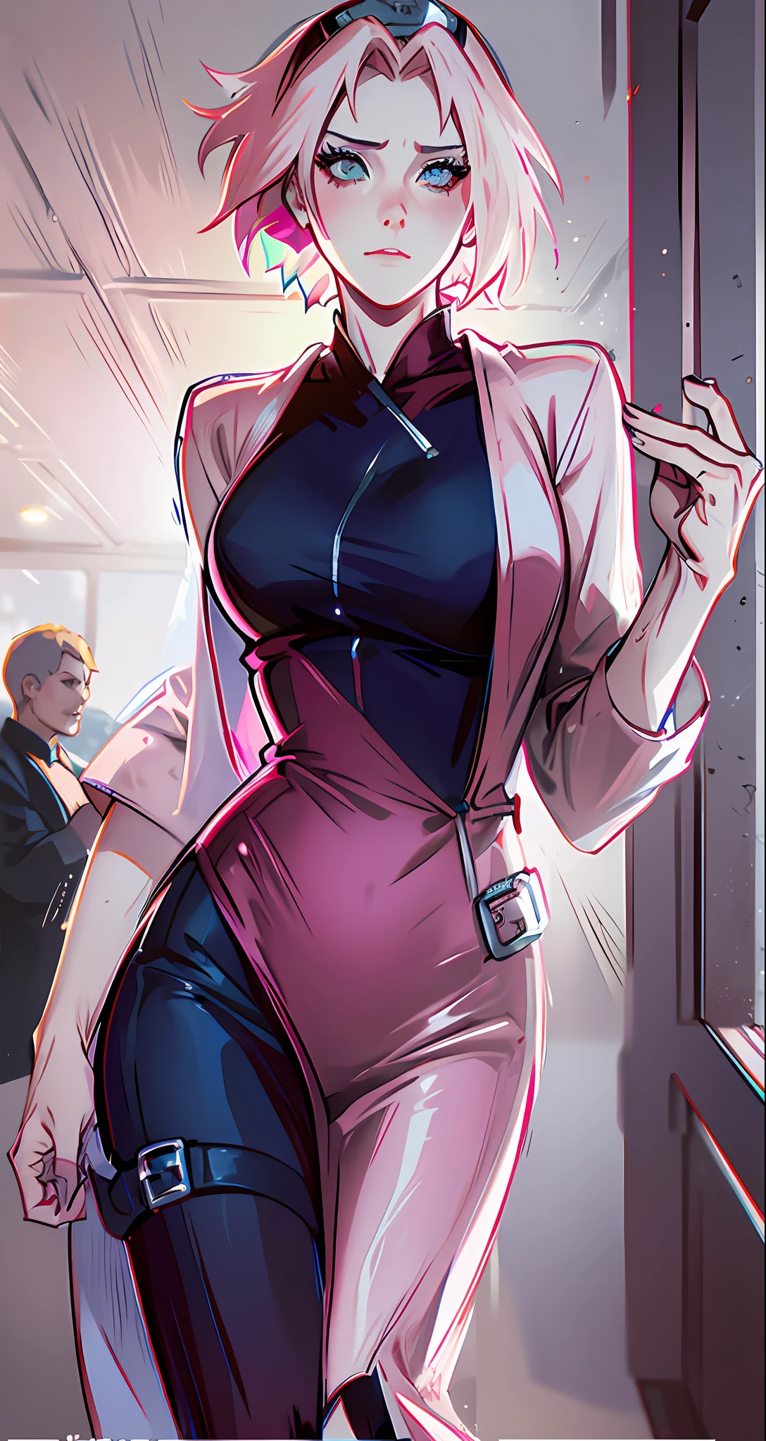 Doctor, beautiful woman, seductive, dark, ((forehead the show)), standing, wearing lab coat in a hospital, sexy eyes, blue dress, forehead to show, pleasant countenance, pink hair, delicate, young, short hair, full body, from League of Legends, trend in Artstation, by Rhods, Andreas Rocha, Rossdraws, Makoto Shinkai, Laurie Greasley, Lois Van Baarle, Ilya Kuvshinov and Greg Rutkowski