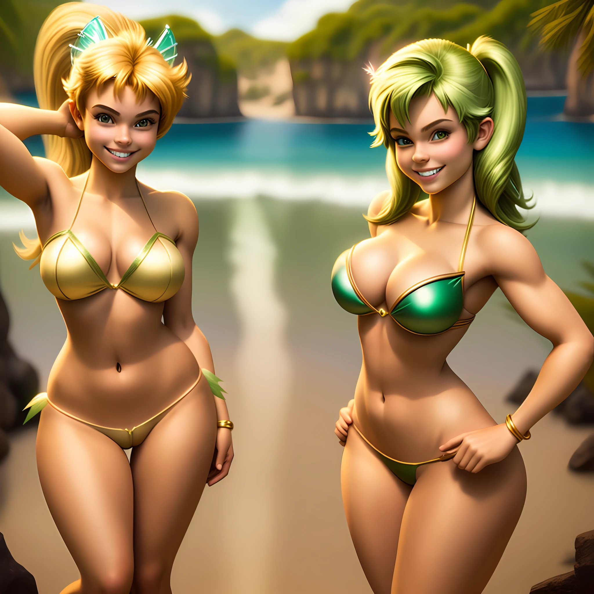 age tinker bell, wide hips, mischievous smile, maximum resolution, human pelle, totally realistic, perfect, wearing bikini