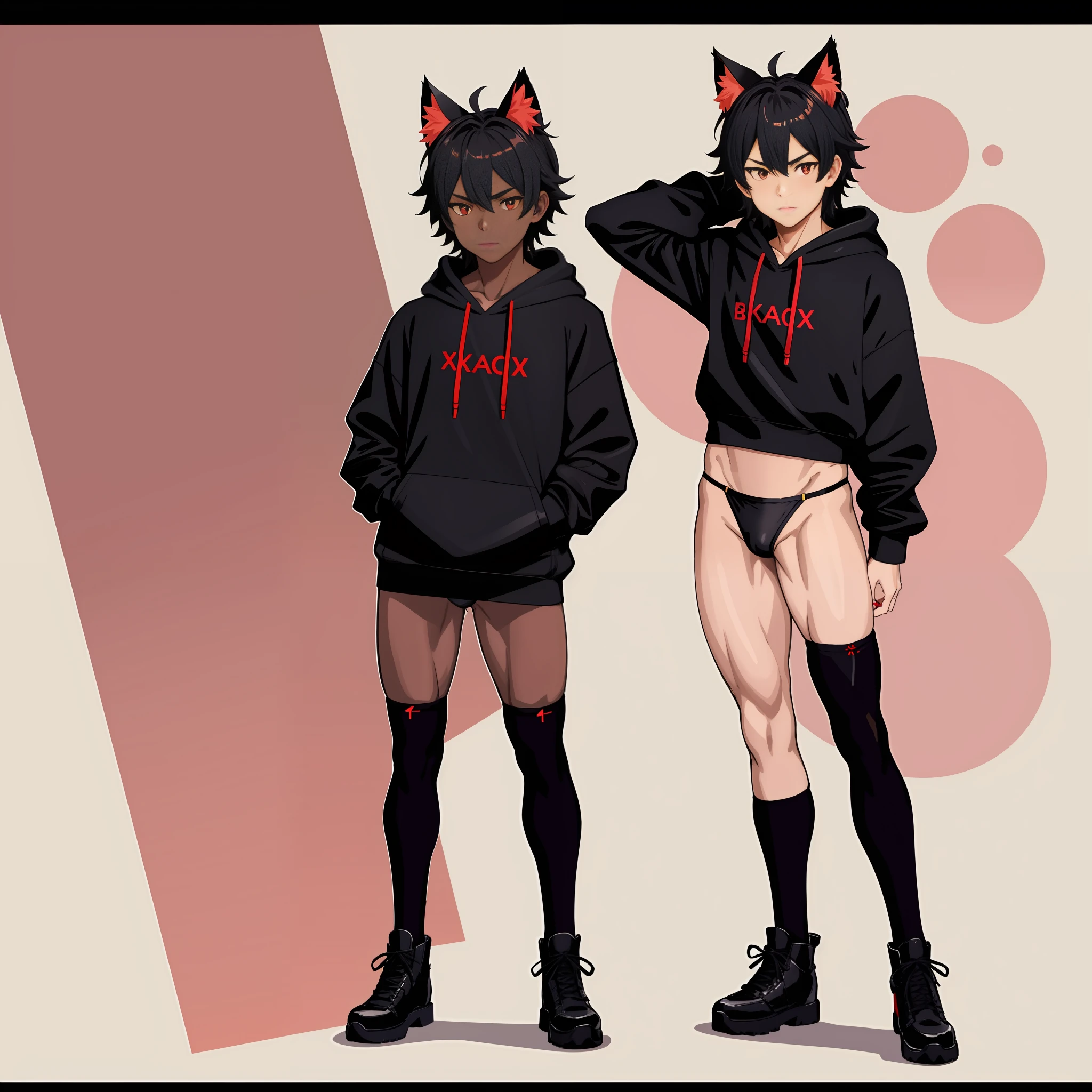 one boy, toned, flexing, sharp big cat ears, cat tail, big black messy hair, extremely vibrant red eyes, masterpiece, vibrant, micro thong , slim dark black hoodie, full body view, neutral face, black thigh socks, combat boots.