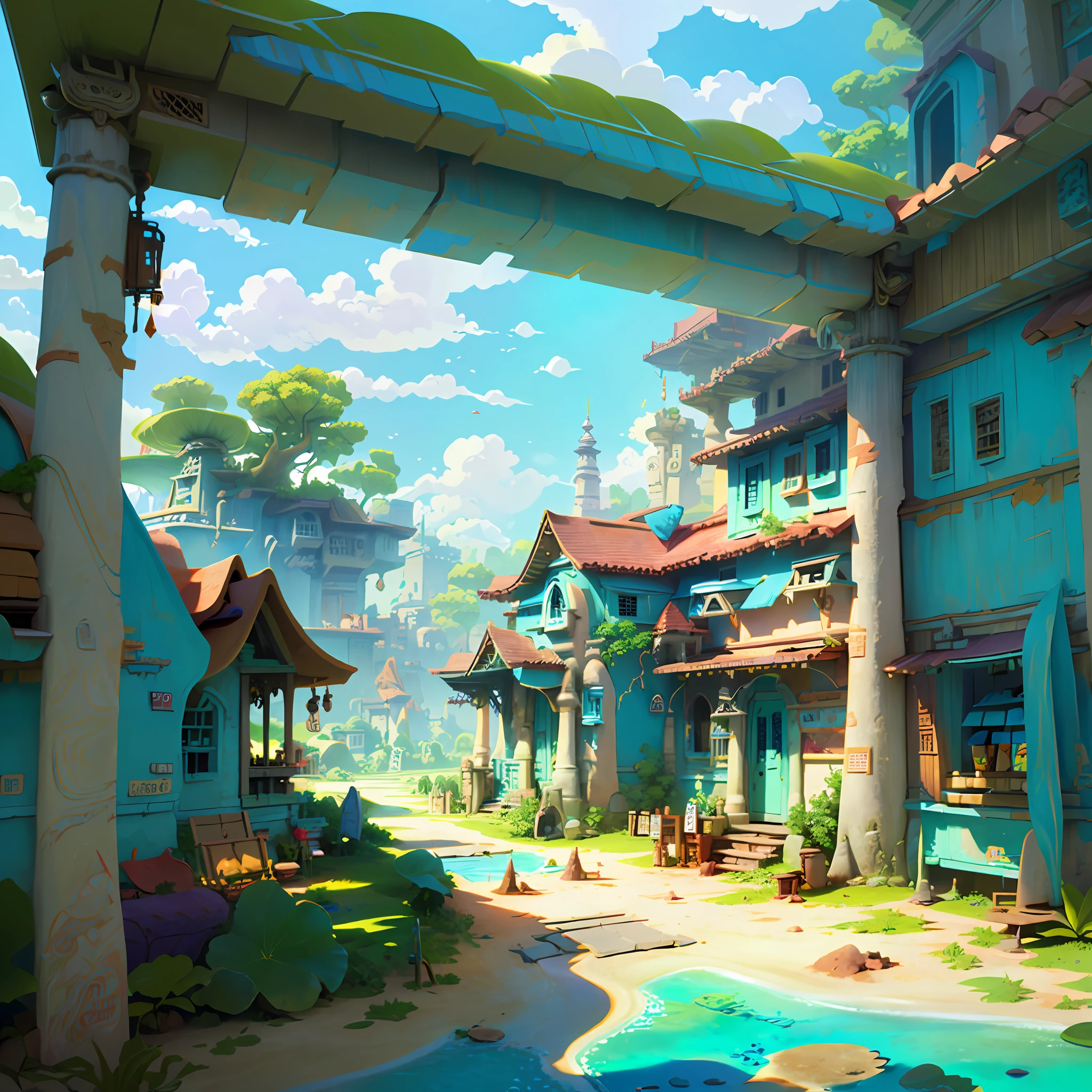 Masterpiece, best quality, low saturation, cartoon, architecture, old design, Pixar style, sandbox, roads, trees, water, clouds, cloud shadows, science fiction, turquoise and coral