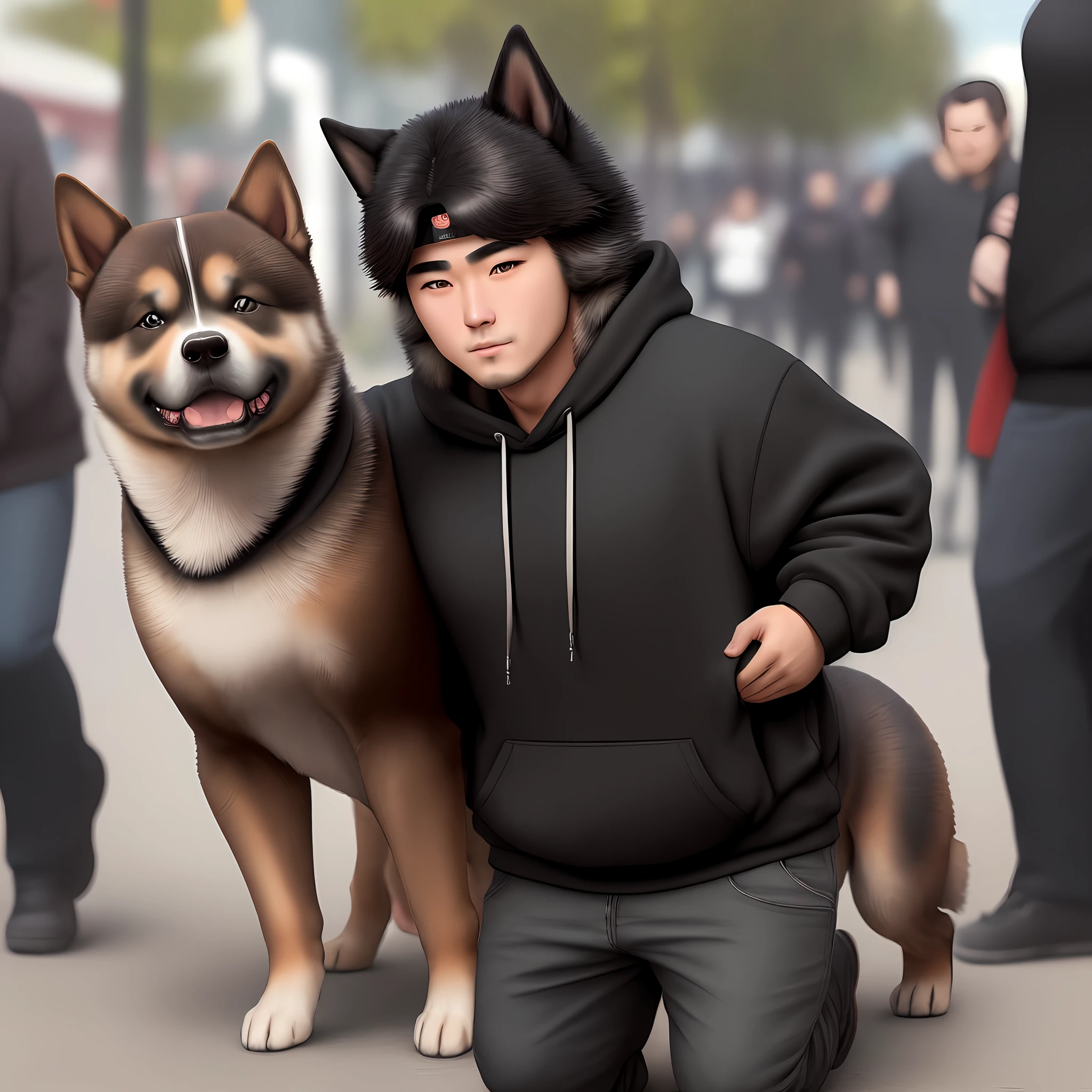 (((masterpiece))), better quality, ultra-detailed CGI, human-shaped dog of the akita breed with black sweatshirt, hand in pocket, extremely detailed background that matches the image.