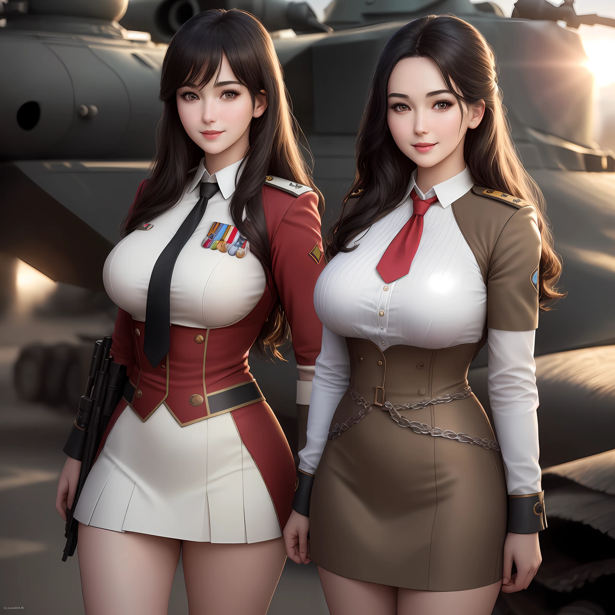 (8k, RAW photo, best quality, masterpiece:1.2), (realistic, photo-realistic:1.37),\(ulzzang-6500-v1.1\),\(detailed eyes\), \(detailed facial features\), \(\(detailed clothes features\)\), (upper body),(large breasts),(face focus),extremely detailed CG unity 8k wallpaper, huge filesize, ultra-detailed, highres, absurdres,beautiful eyes,ray tracing, dramatic shadows,fine detail,dramatic angle,high saturation,lens flare,(standing),soft light,Detailed skin texture, detailed clothing texture,looking at viewer, 1girl, solo,red armband,badge, necktie,light blush,(smile face,happy),solo, german/(military uniform/),short pencil skirt,Monica Bellucci, background is tank or battle plane,Thin,Slim waist