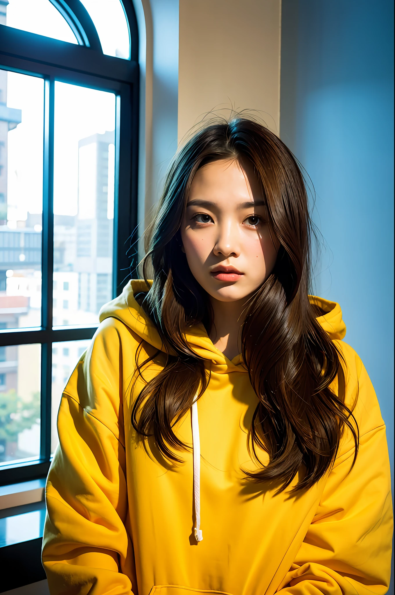 Sad theme , (best quality, masterpiece:1.2), 18yo beautiful girl in the city, hoody black, (window in background:1.3), shoot the Sony a7,3.5 mm Lens, f 1.8 apature, lighting glow effect,no retouching,raw photo realistic, skin texture is very detail ,no makeup, background lighting is yellow, raining day,atmosphere is moody,