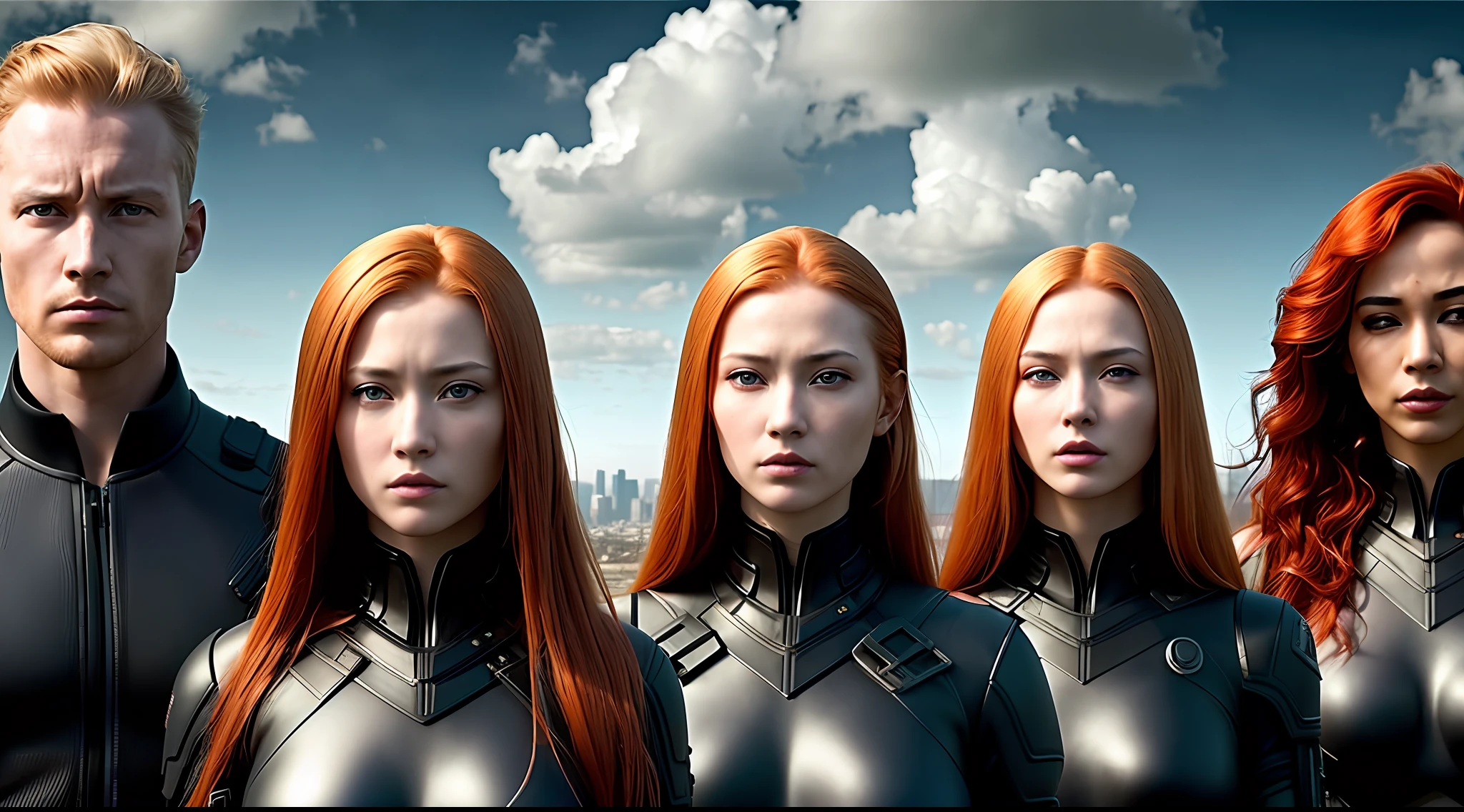 dystopian future group of determined individuals (extremely detailed and beautiful face, full body, man and woman, redheads, blondes and orientals, vibrant, photorealistic, realistic, hyperrealism, insanely detailed, dramatic, dark, sharp focus, 8k)