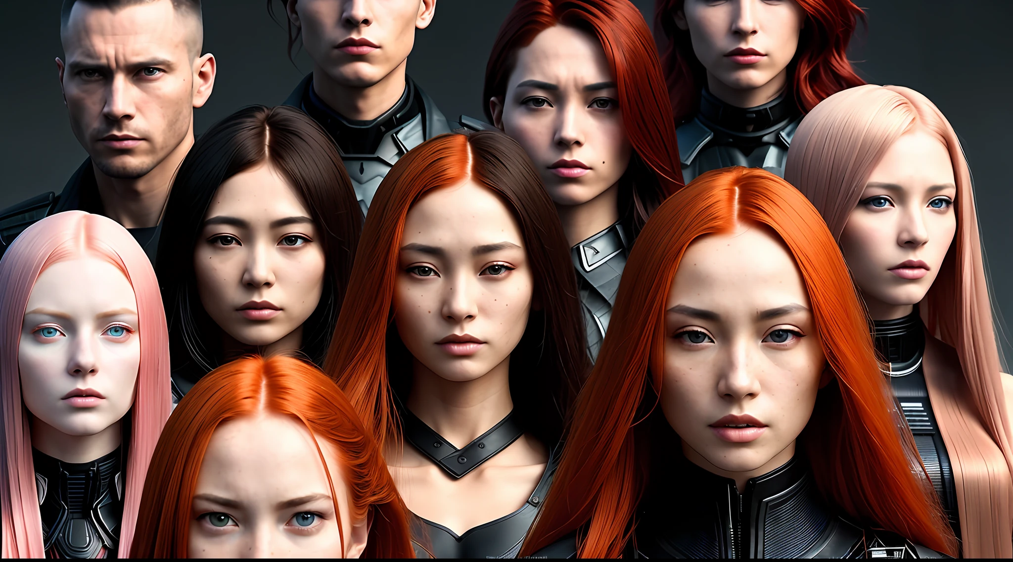 dystopian future group of determined individuals (extremely detailed and beautiful face, full body, man and woman, redheads, blondes and orientals, vibrant, photorealistic, realistic, hyperrealism, insanely detailed, dramatic, dark, sharp focus, 8k)