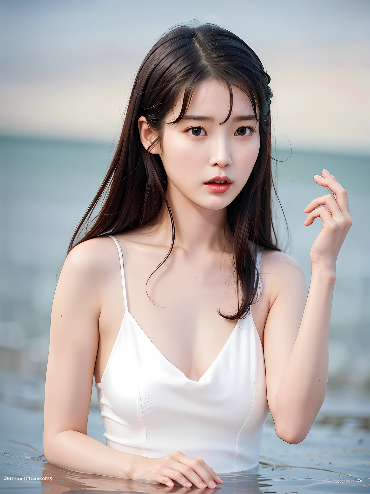 there is a woman that is standing in the water with a lot of water, jinyoung shin, by Zhang Han, portrait of female korean idol, heonhwa choe, beautiful south korean woman, jaeyeon nam, korean women's fashion model, gorgeous young korean woman, beautiful young korean woman, iu lee ji-eun as a super villain, realistic. cheng yi