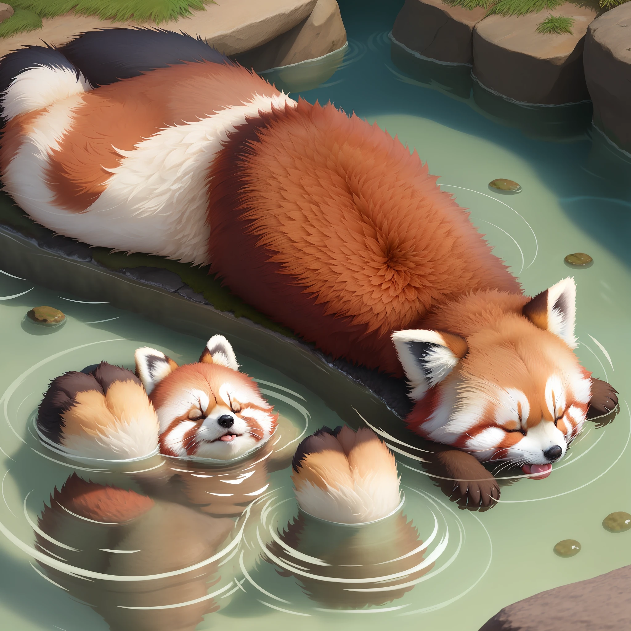 cute fluffy red panda on its back lying in the realistic water of small circular rock pool,, eyes closed isometric view,