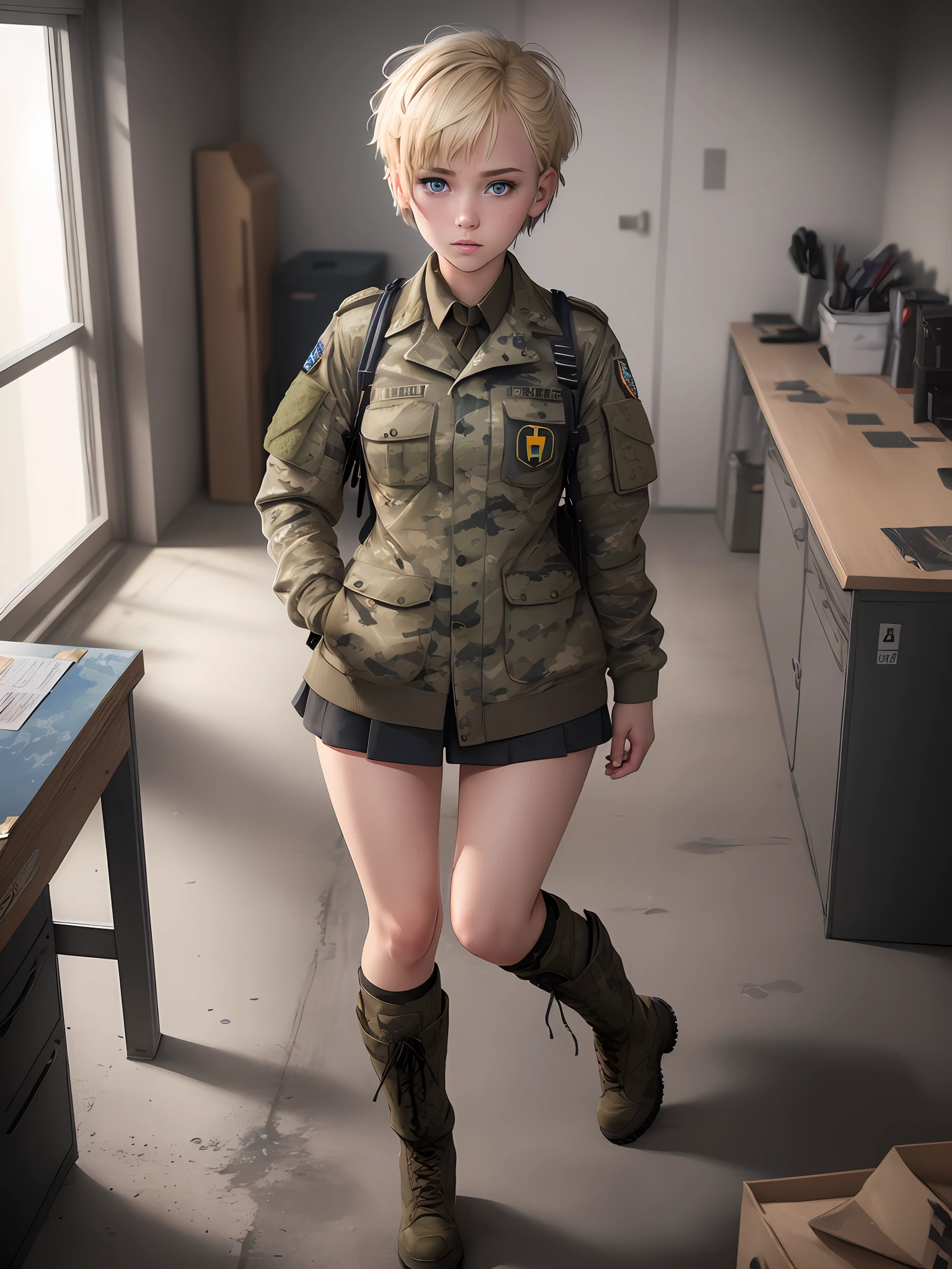 girl, , blonde, very short hair, blue eyes, camouflage uniform, high boots, office room, masterpiece, ultra detailed, highest quality photography, 4k quality, best quality, textured skin, anatomically correct, super detail, realistic, realistic eyes, perfect face, perfect eyes, colorful, full body