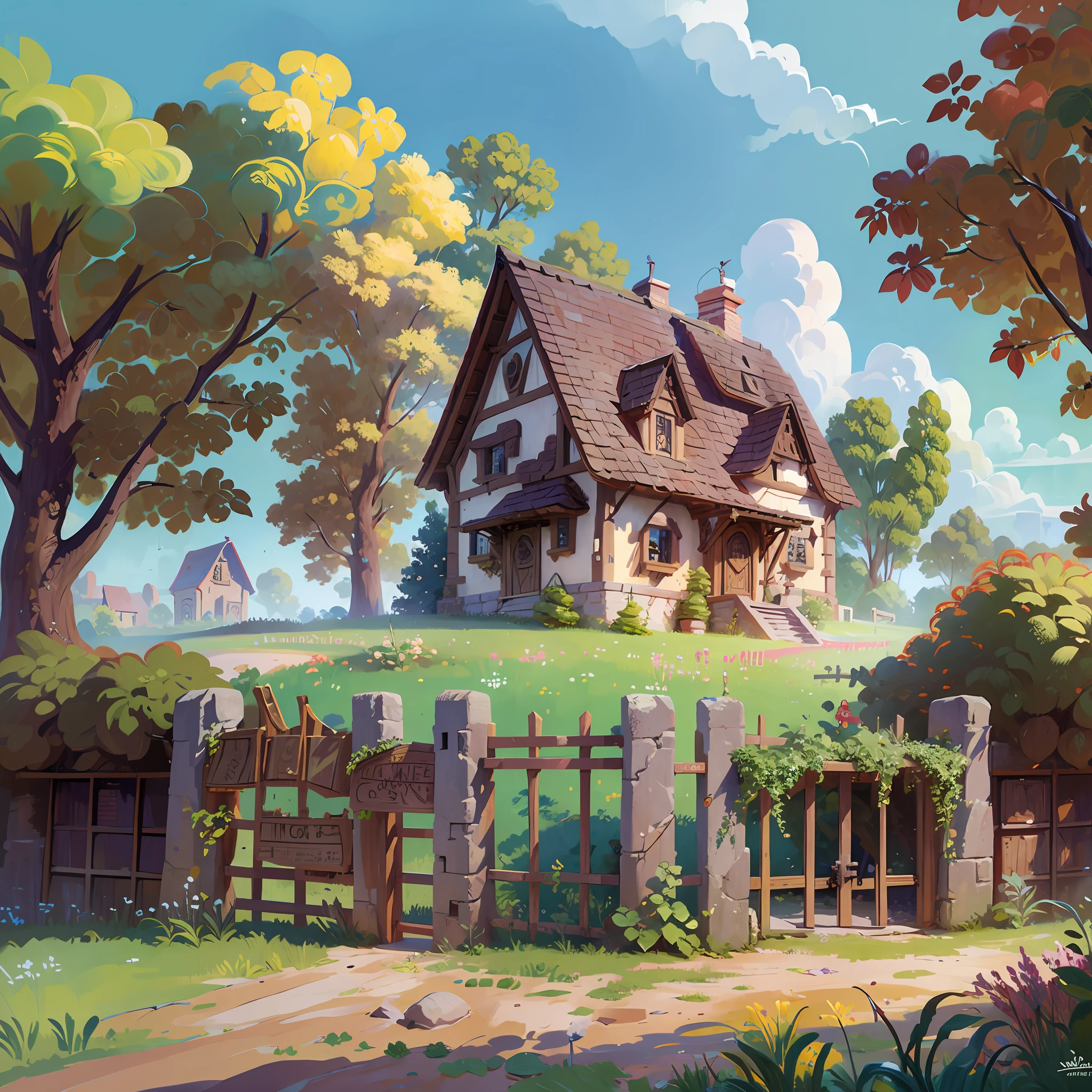 Best quality, masterpiece, European and American cartoon, large farm building, farm fence and crops, brick wall, trees, beautiful dwelling, ancient design, best quality, 32k
