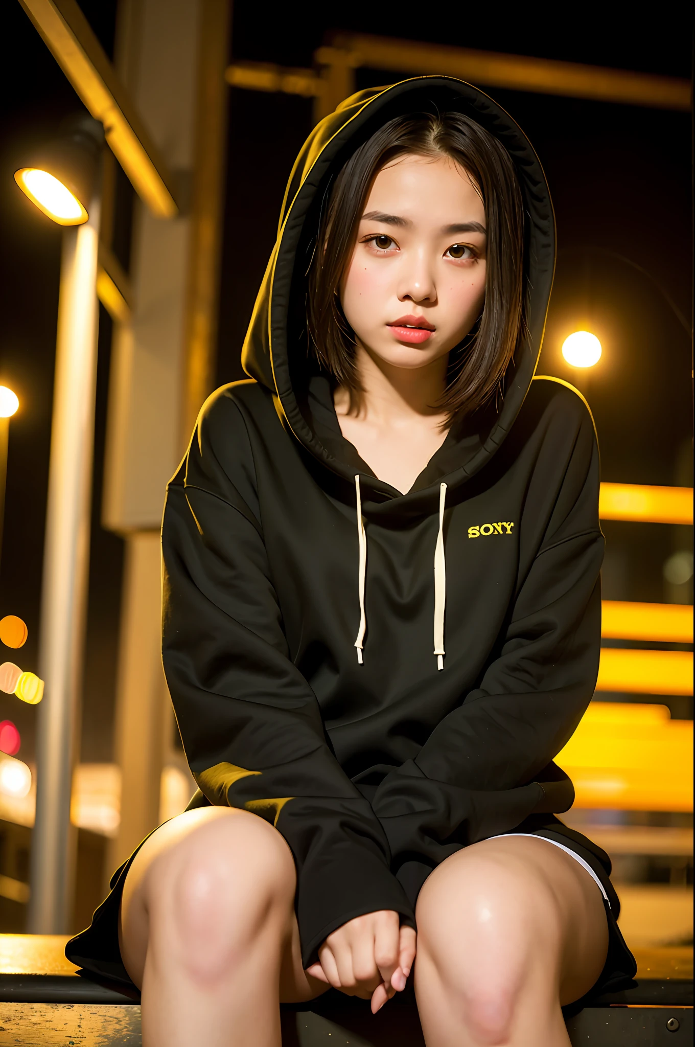 Sad theme , (best quality, masterpiece:1.2), 18yo beautiful girl sitting the Bench,black hoody , (Street lamp background:1.3), shoot the Sony a7,3.5 mm Lens, f 1.8 apature, lighting glow effect,no retouching,raw photo realistic, skin texture is very detail ,no makeup, background lighting is yellow, raining day,atmosphere is moody, smoking girl,On the way to the vapors