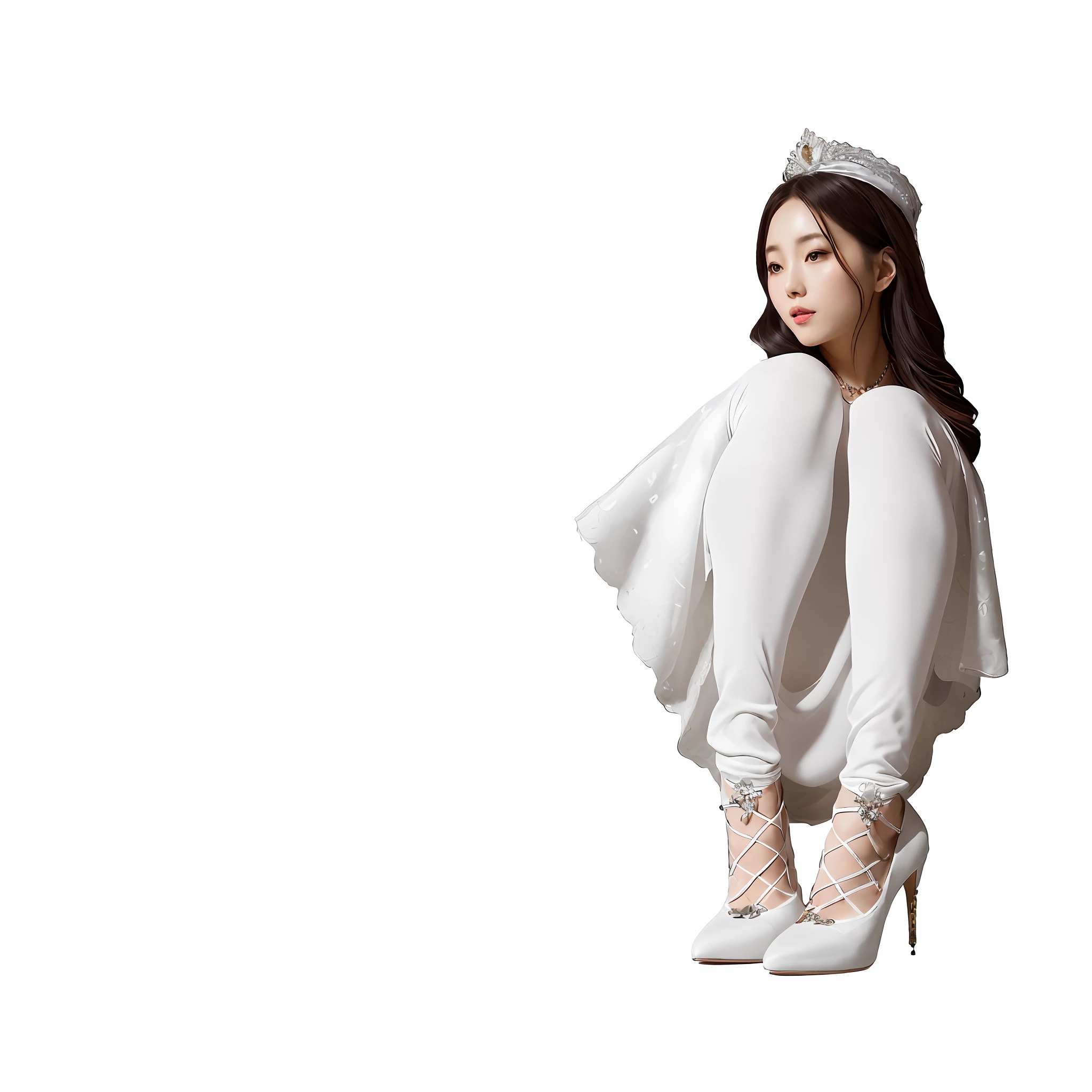 There is a woman in a gorgeous jewelry dress sitting on a chair, big breasts !!!, royal elegant pose, wearing white clothes, white shoes, portrait of a Korean female idol, Ji-min, anime Barbie in white, wearing high heels and white dress, wearing white tights, spreading legs half squat, anime Barbie wearing white gauze stockings
