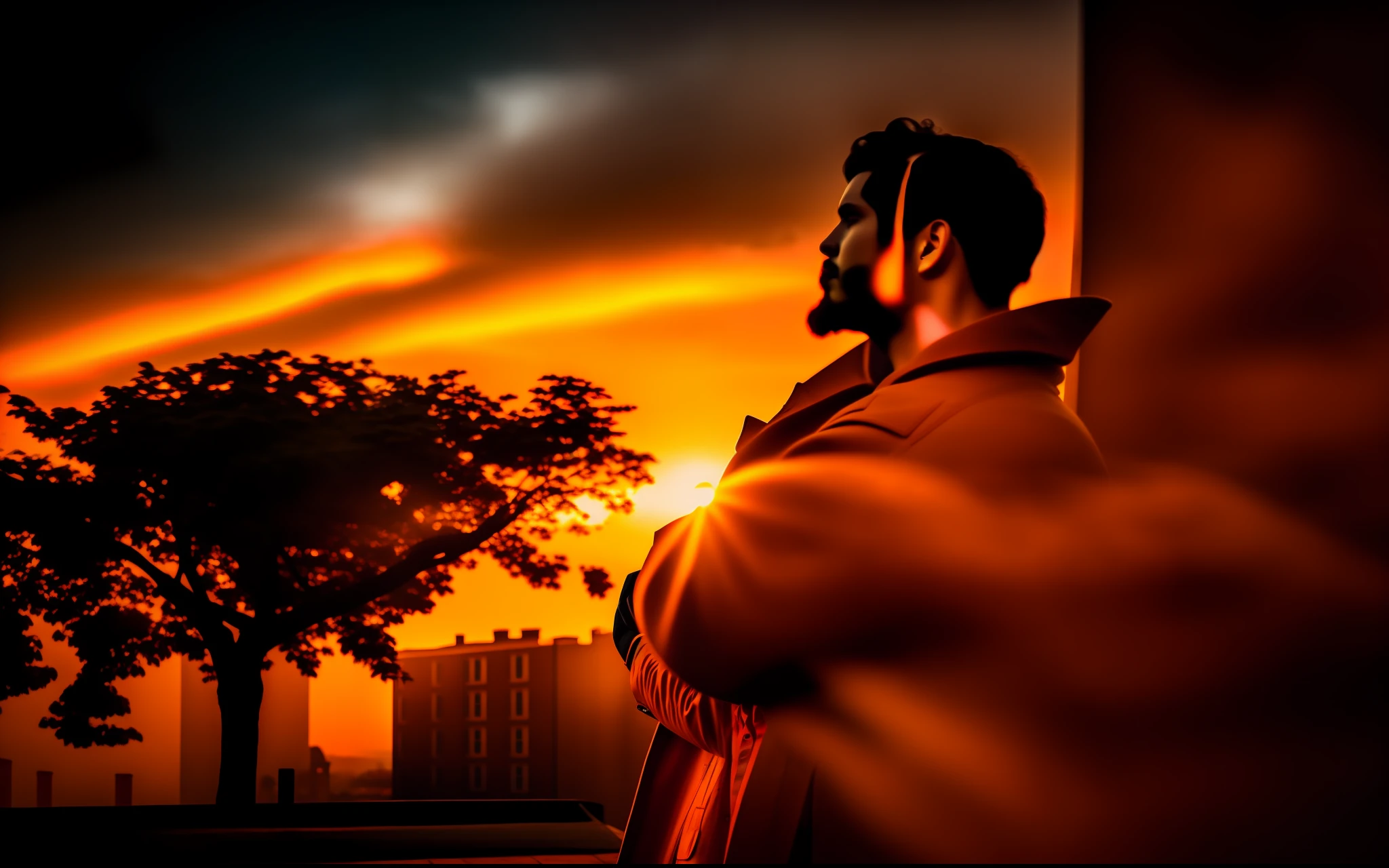 man wearing an orange coat standing in front of a brick building with a sunset in the background, notan sun in the background, gazing off into the horizon, looking off into the distance, haze over the shoulder shot, ocean in the deep background, a tree in the background, blair short hair with white locks