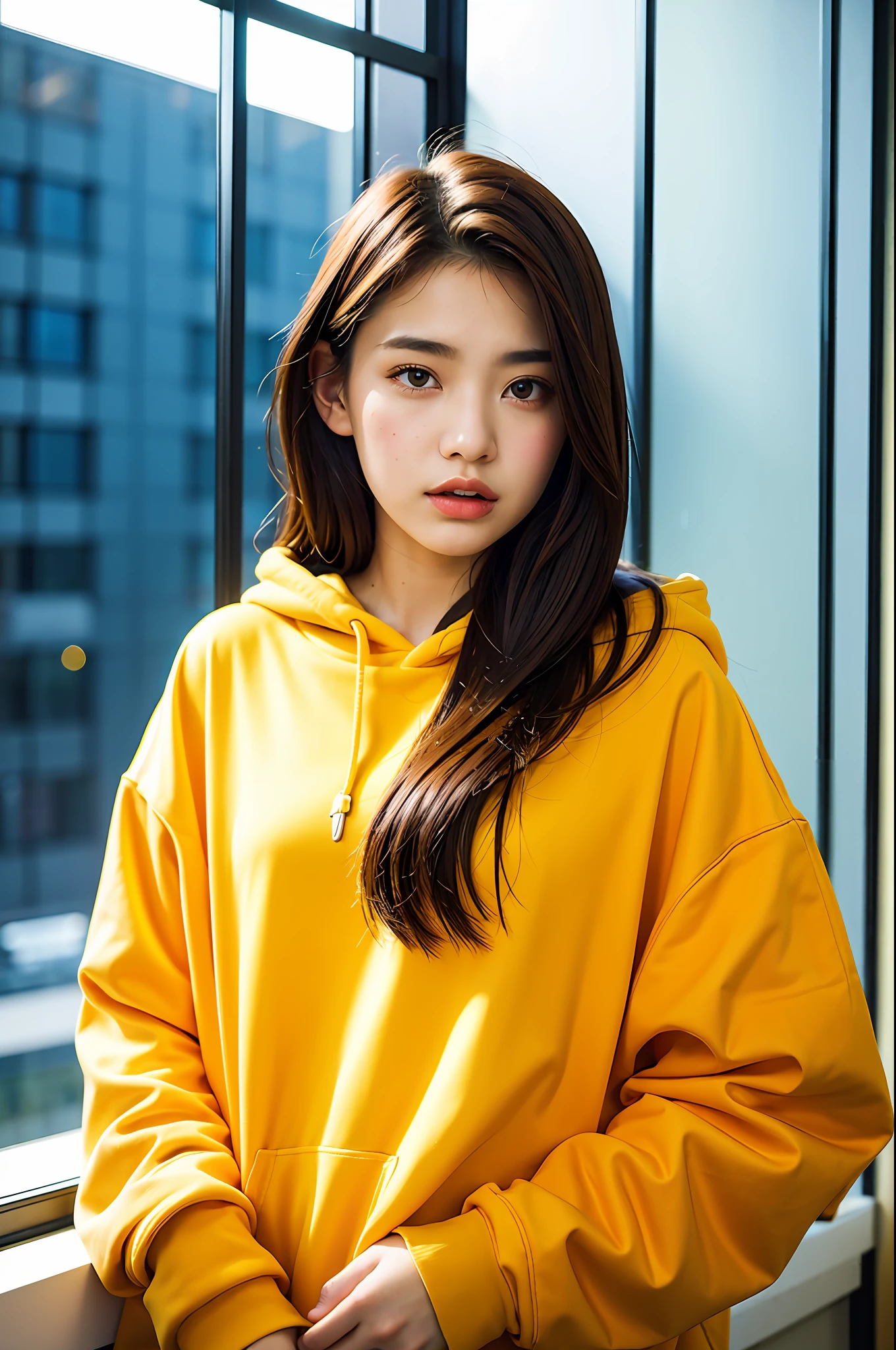 Sad theme , (best quality, masterpiece:1.2), 18yo beautiful girl in the city, hoody black, (window in background:1.3), shoot the Sony a7,3.5 mm Lens, f 1.8 apature, lighting glow effect,no retouching,raw photo realistic, skin texture is very detail ,no makeup, background lighting is yellow, raining day,atmosphere is moody,