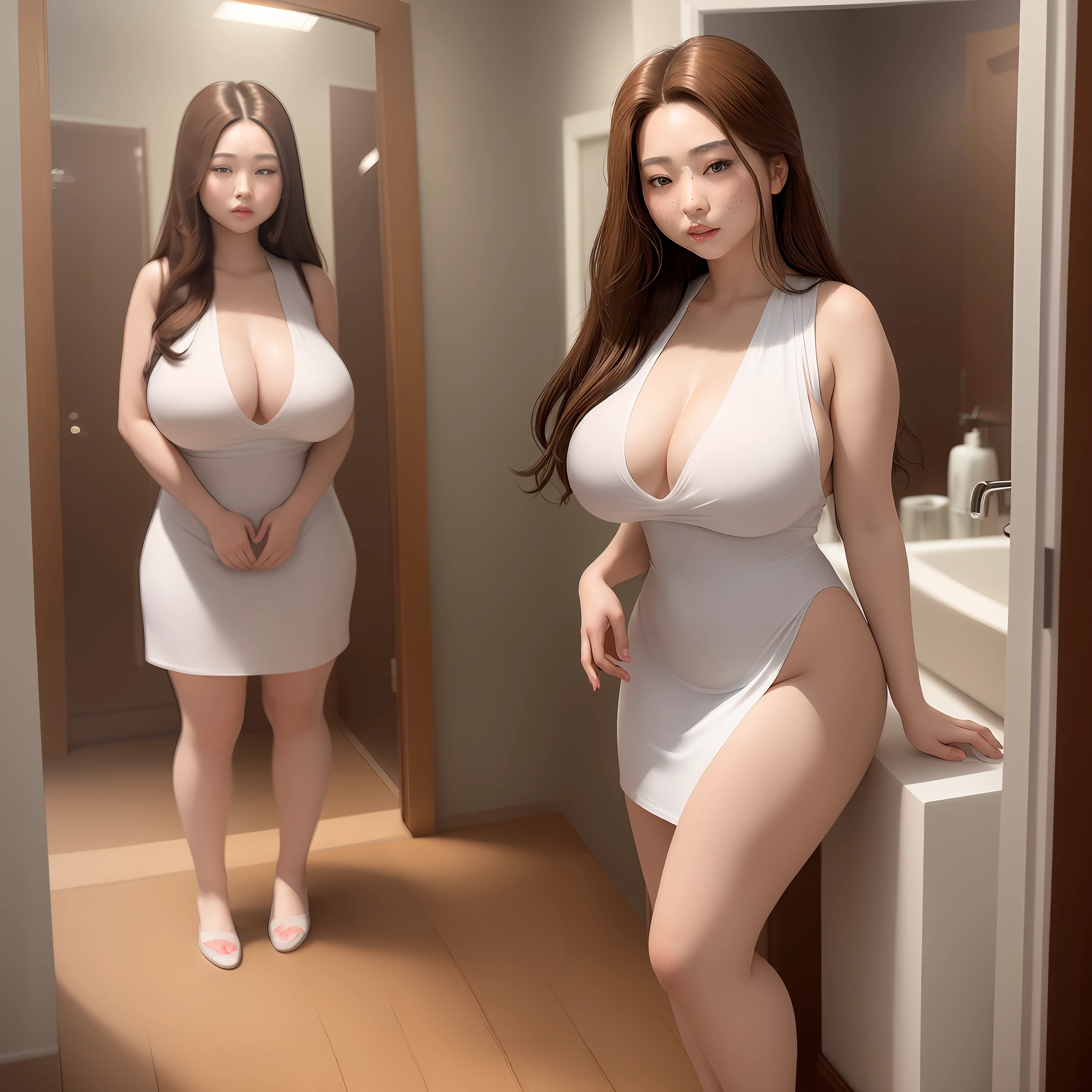 There is a woman in white dress posing in front of the mirror, realistic perfect figure, surreal full body figure, oppai proportions, chinese girl, thicc, slender figure, smooth white tights cover real full body, japanese goddess, 3d white shiny thick, korean woman, realistic shadow perfect figure, realistic realistic style