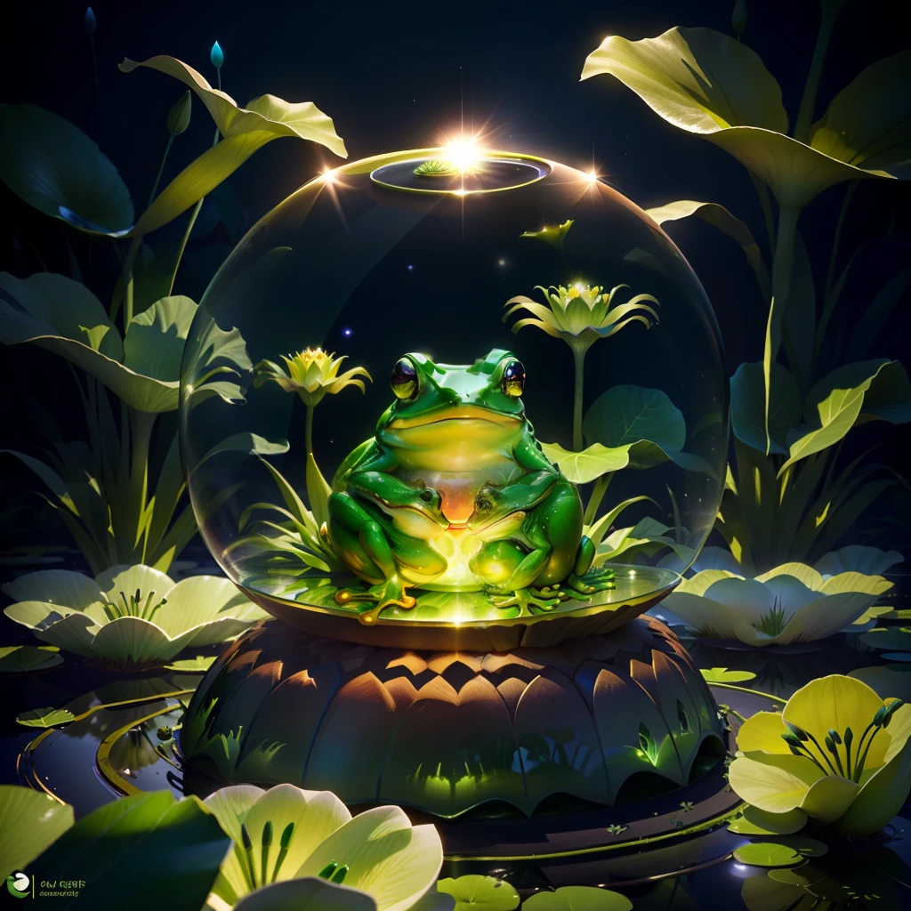 sleeping green frog anthill, glowing lilly pad, sphere glass shape, game design, high resolution, magic 3D