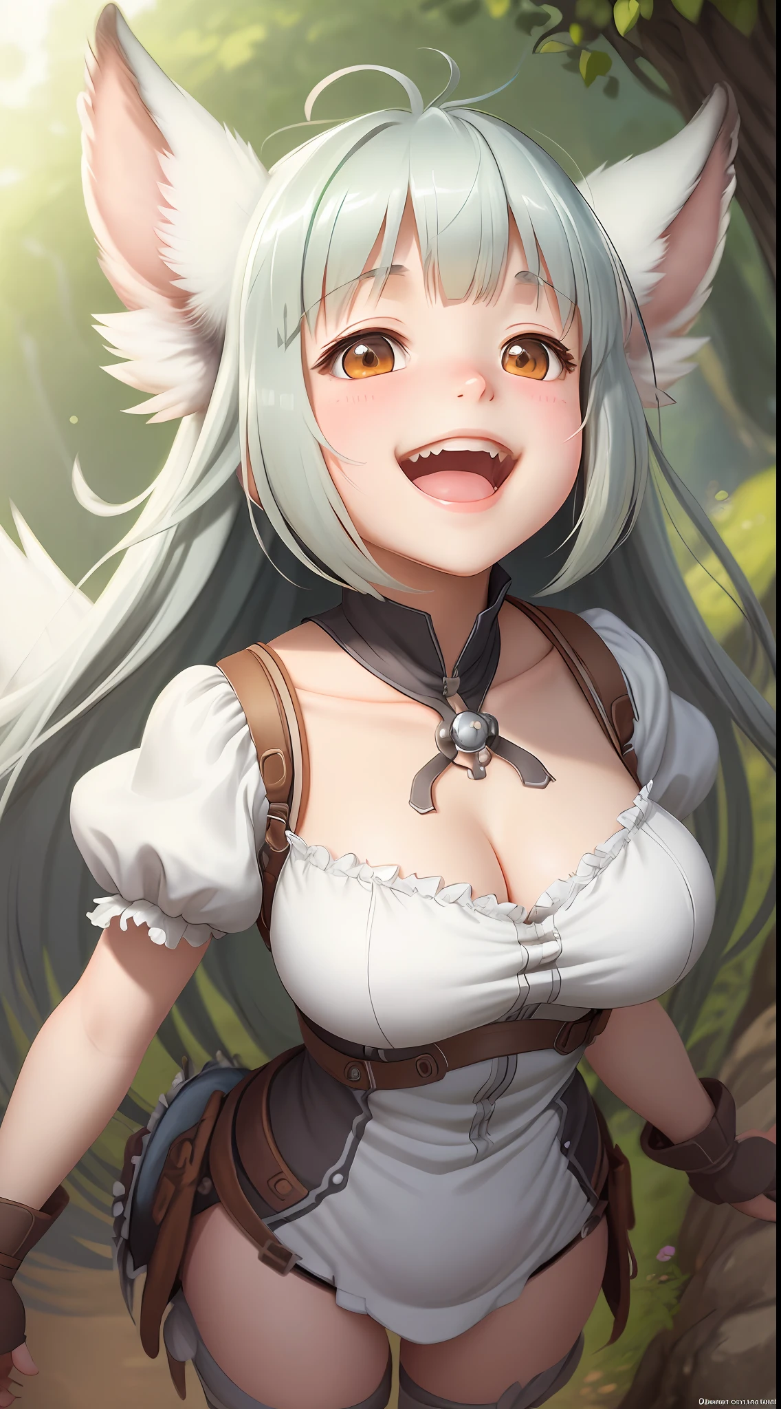 "An extremely detailed CG illustration of 1 girl with a blissful smile of ecstasy, her upper body in focus and looking up towards the viewer with an open mouth, viewed from above with a dynamic angle. The art style is reminiscent of Nanachi from "Made in Abyss", with a sharp focus and thin outline."
