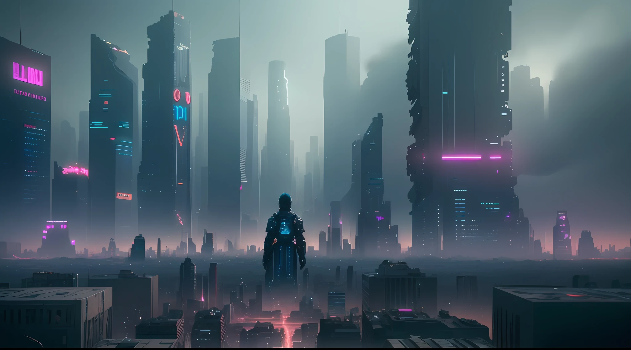 Visually stunning footage of a desolate futuristic cityscape, broken buildings, flashing neon signs and people in tattered clothes (vibrant, photorealistic, realistic, hyperrealism, insanely detailed, dramatic, dark, sharp focus, 8k)