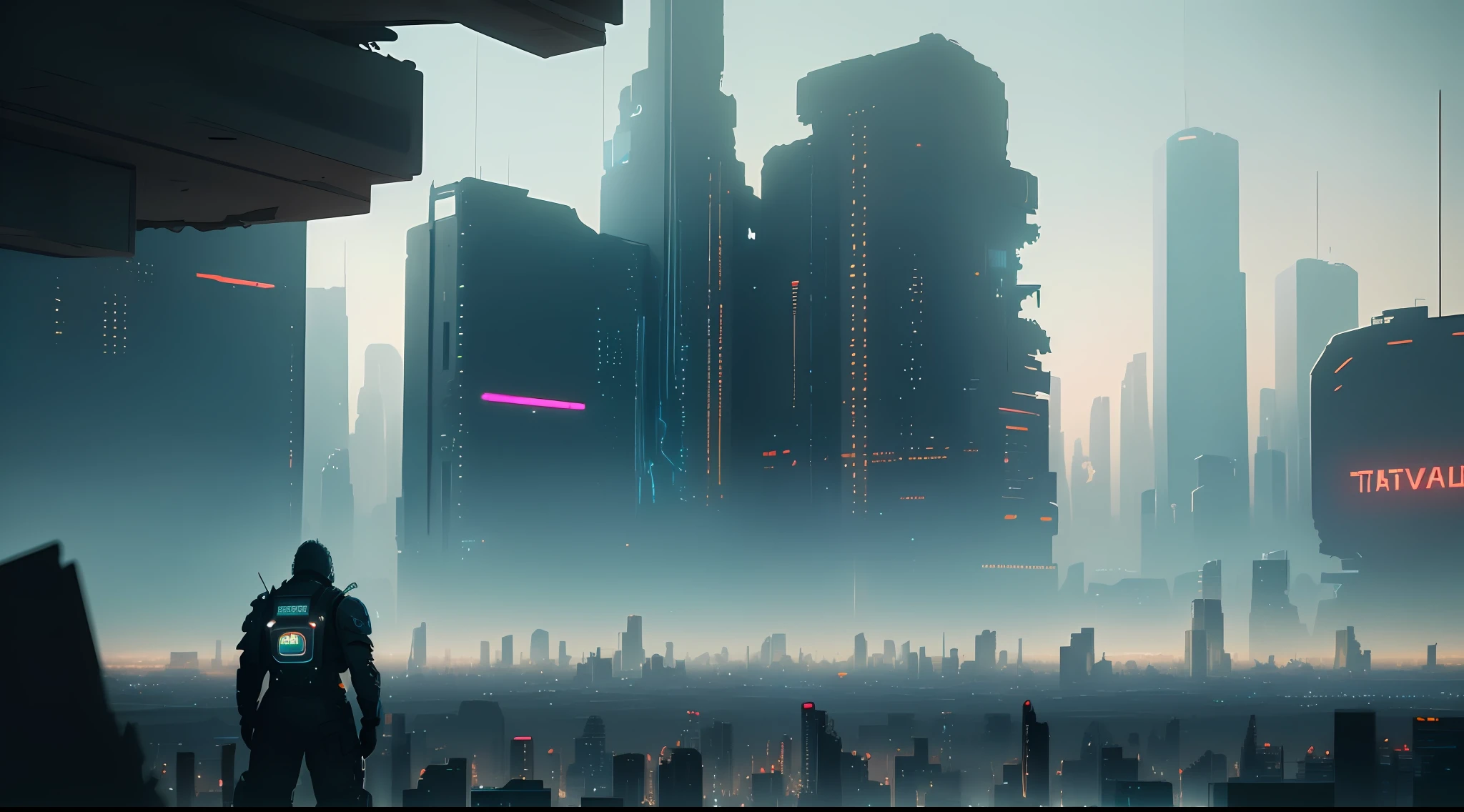 Visually stunning footage of a desolate futuristic cityscape, broken buildings, flashing neon signs and people in tattered clothes (vibrant, photorealistic, realistic, hyperrealism, insanely detailed, dramatic, dark, sharp focus, 8k)