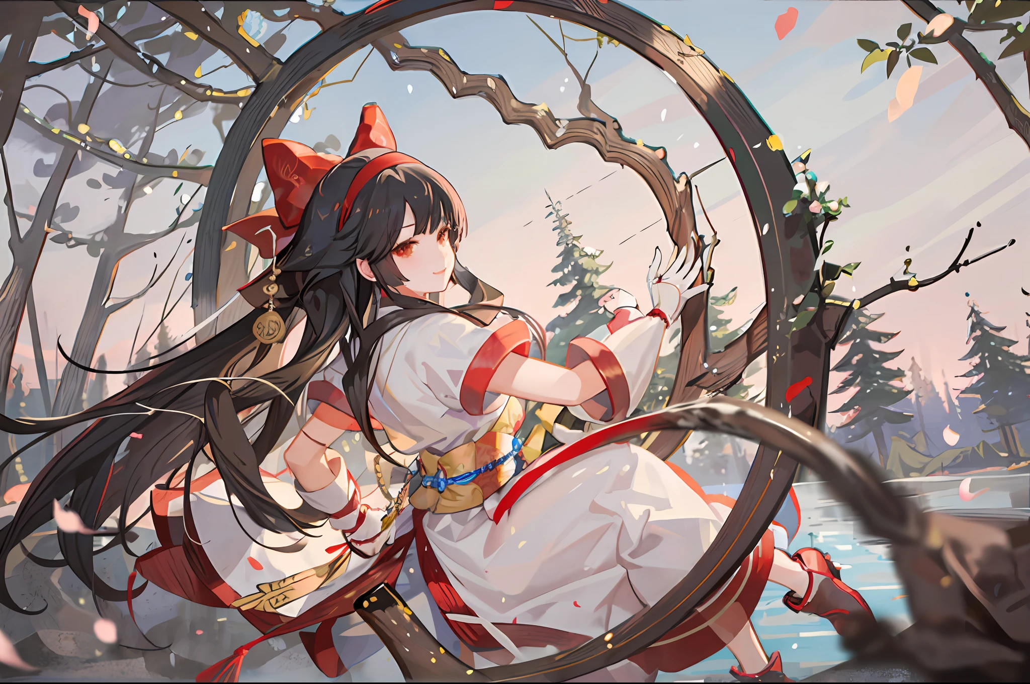 masterpiece, best quality,1girl, red bow, bow, long hair, hair bow, ainu clothes, solo, hairband, bird, black hair, fingerless gloves, short sleeves, gloves, sash, pants, bangs, red hairband, weapon, breasts, brown eyes, white pants, japanese clothes, nakoruru, light smile, officials art, good composition, official pose, detailed portrait, portrait, bokeh, forest with river, sun behind back, pencil style, traditional brush, samurai, onmyoji style, high resolution, dramatic lighting and shadow, sun flared, blurry foreground, blood plashing around, looking at viewer,