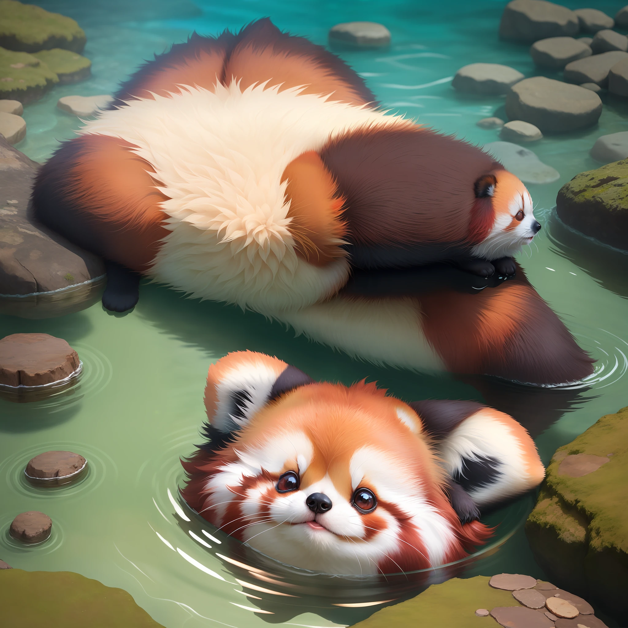 cute fluffy red panda on its back lying in the realistic water of circular rock pool that has small circular rock pools around it, with eyes closed isometric view,