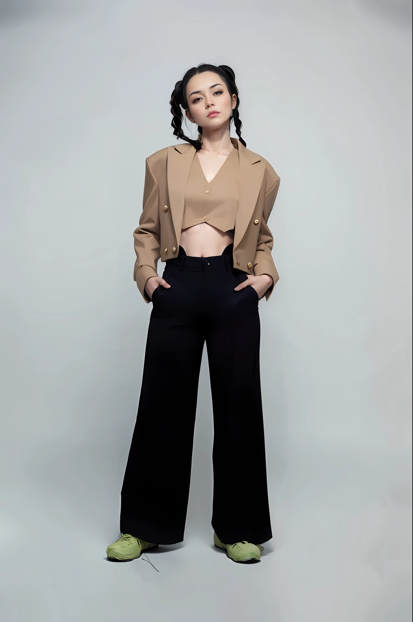A woman in a tan jacket and black pants poses for a photo, cropped shirt and jacket, wears a sexy cropped top, wears a crop top, cropped wide sleeves, anime style, super high quality, the best masterpiece