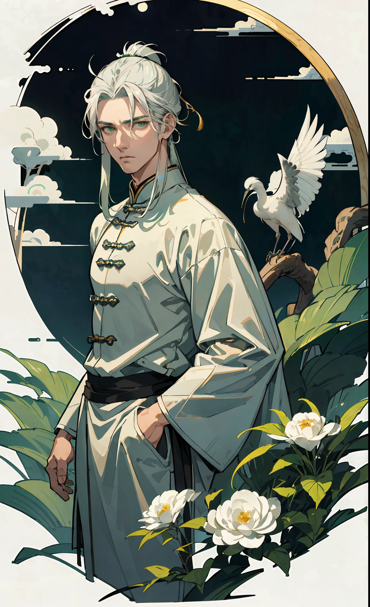 Official Art Illustration, Mature Male, Handsome Face, Expressionless Face, Green Eyes, Silver Hair, Ancient Chinese Male Hairstyle, Hairpin, White: 1.5 Antique Costume, Crane, Moonlight on Body, f/1.6, FOV, Masterpiece, 8K, Close-up