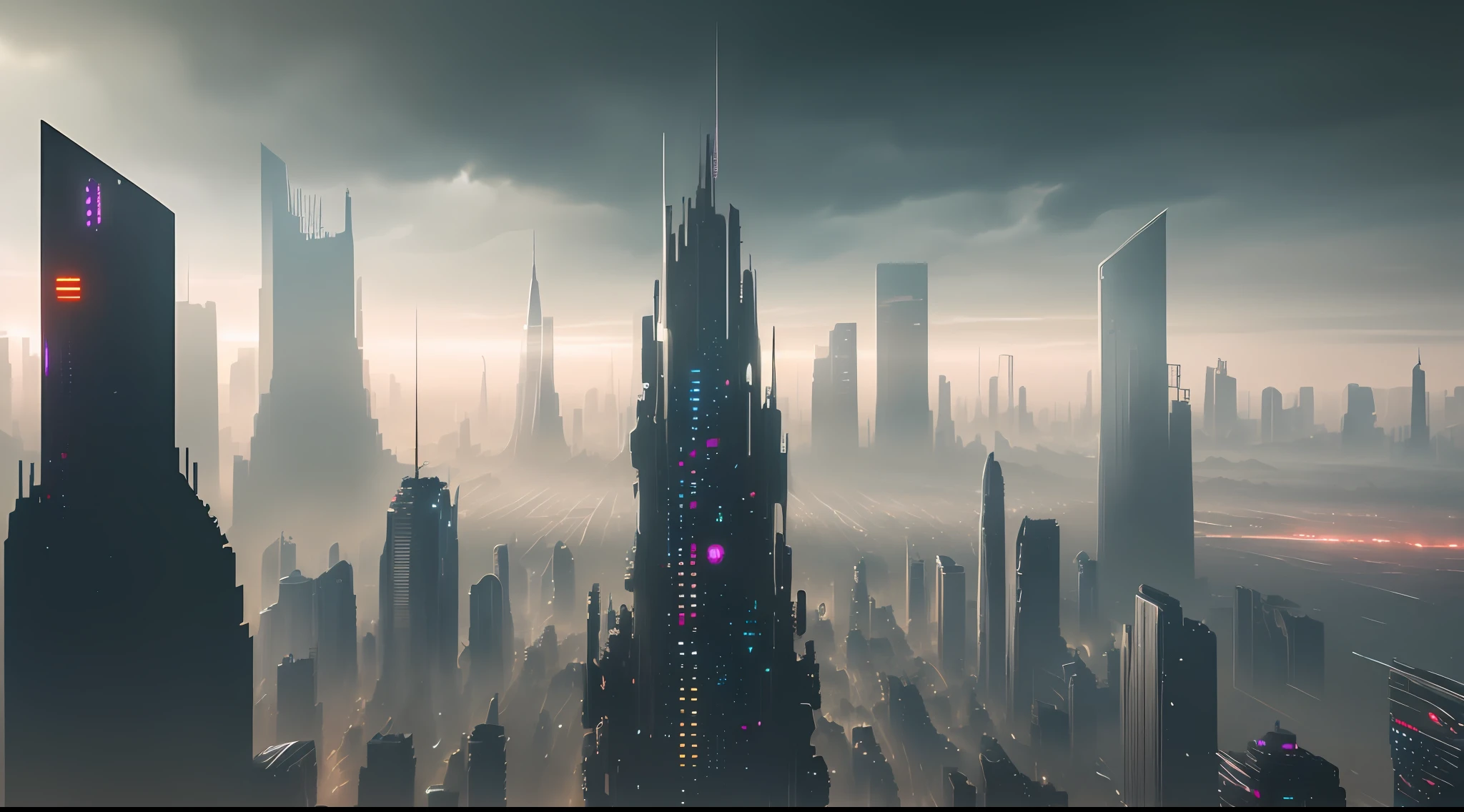 decaying and dystopian futuristic cityscape (vibrant, photorealistic, realistic, hyperrealism, insanely detailed, dramatic, dark, sharp focus, 8k)