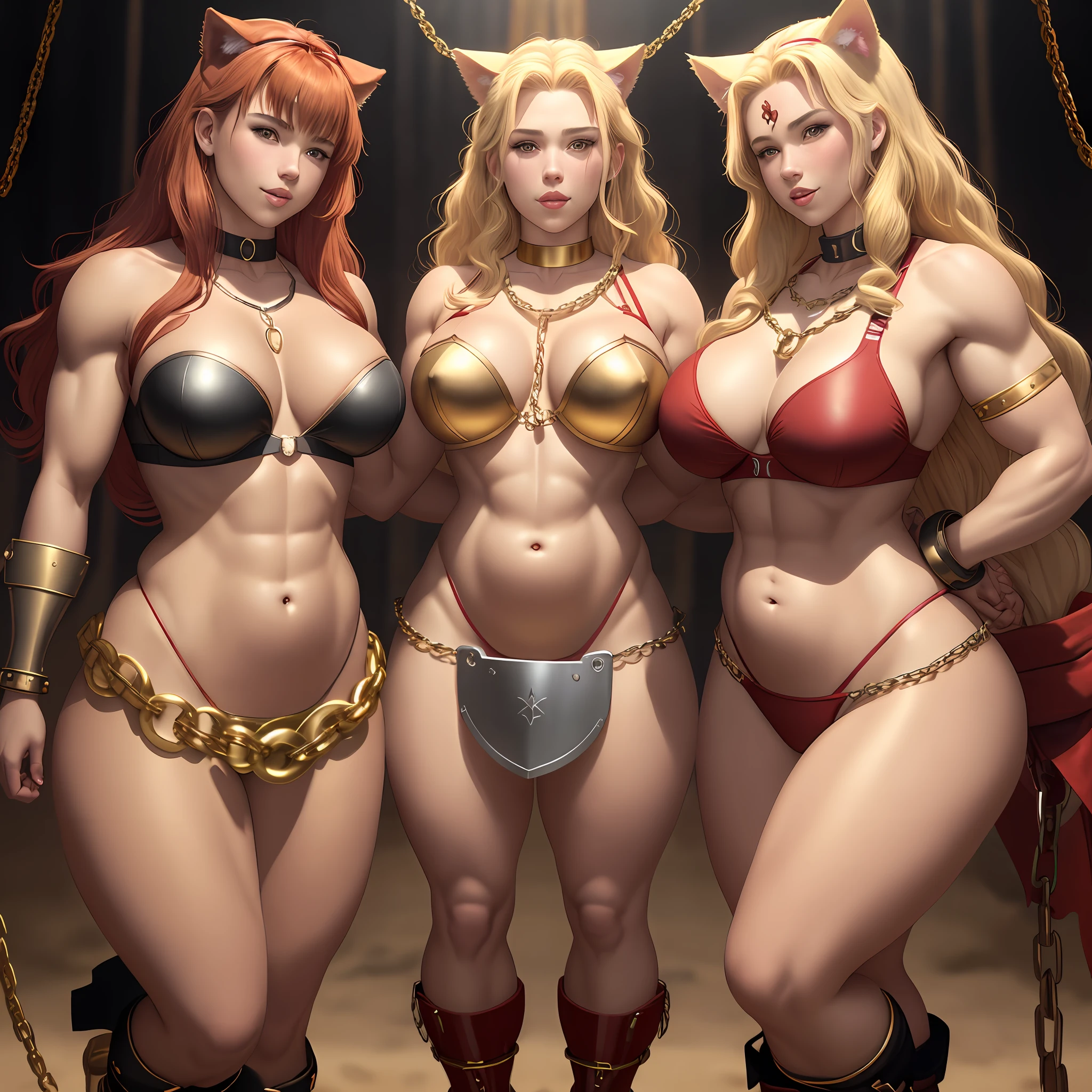 Scarlett Johansson with broad smiles, broad smiles, female triplets, untied hair with multiple colors, tanned thigh muscles, tanned skin, medieval golden chain bras, dog collars with golden chains, belly-button piercings, medieval steel gauntlets, medieval steel boots, three golden belly piercings, golden chains, six packs abs, toned thigh muscles, red shoes, thick thigh, thick arms, belly piercings, thick muscles, chain skirts, golden chain skirts, golden dog collars, dog ears, dog tails, chain bras, chain panties, red steel boots, thick thigh muscles, red spears, red axes, red swords, dog tails with golden chains, thick arm muscles, tanned thick arms