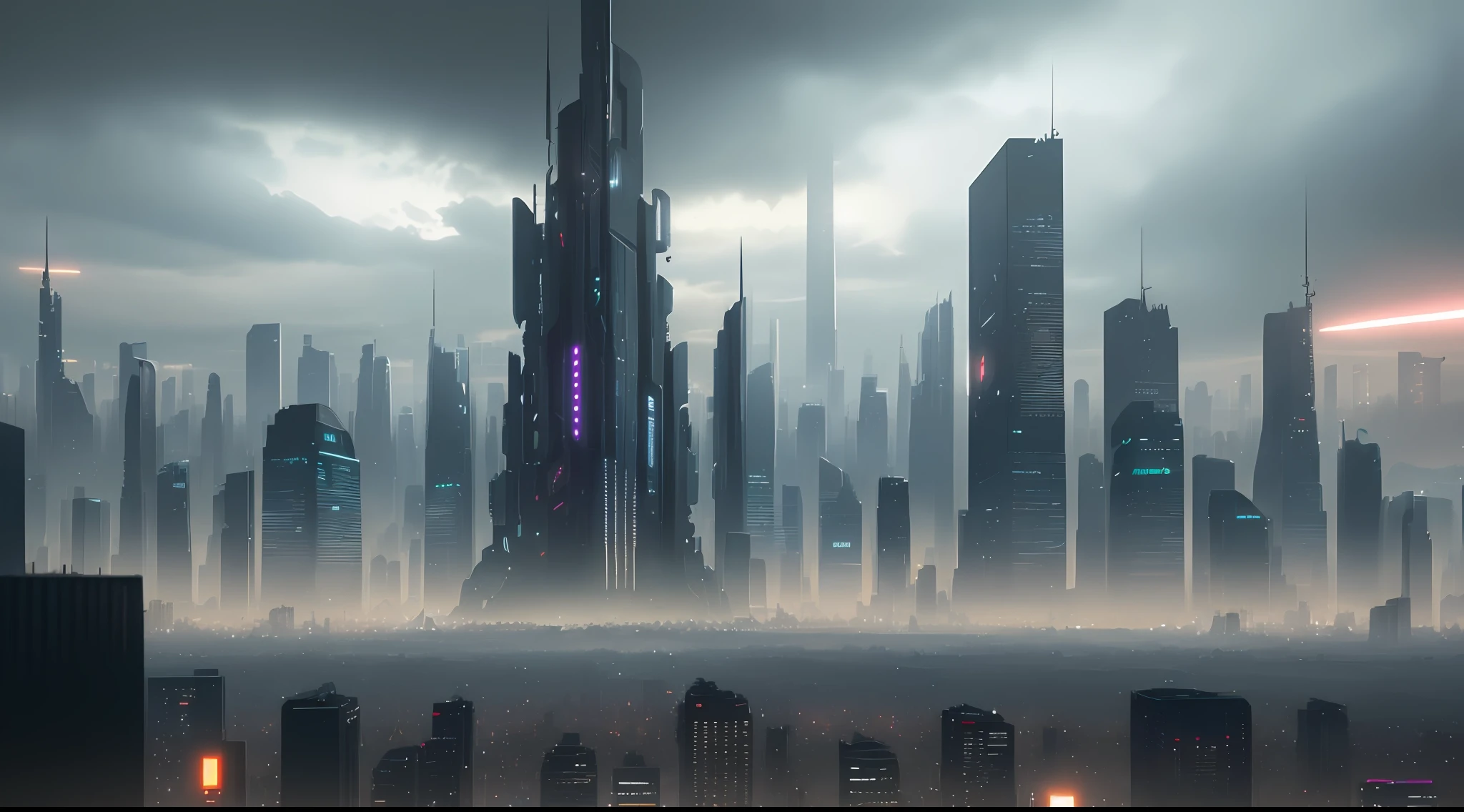 decaying and dystopian futuristic cityscape (vibrant, photorealistic, realistic, hyperrealism, insanely detailed, dramatic, dark, sharp focus, 8k)