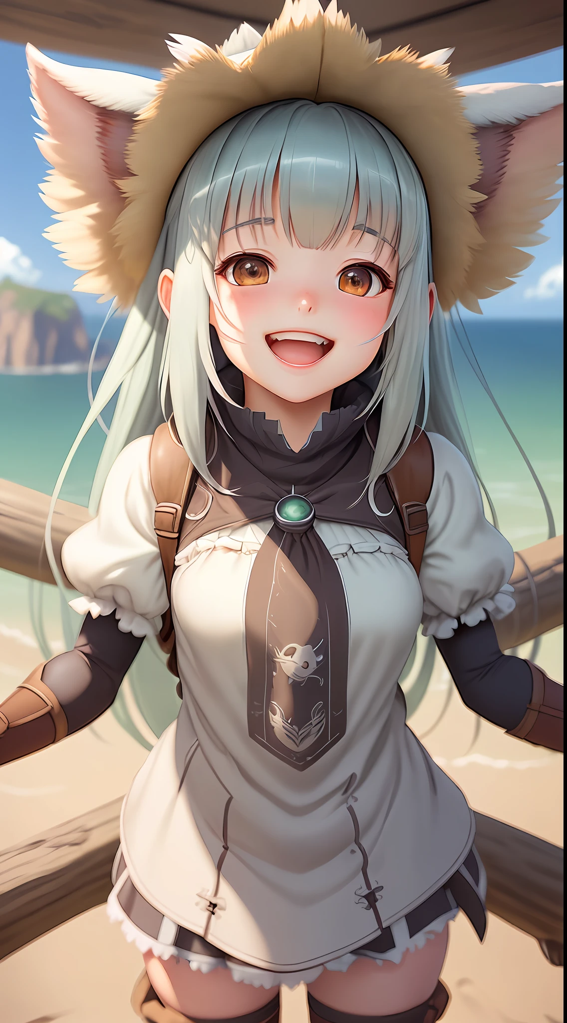 "An extremely detailed CG illustration of 1 girl with a blissful smile of ecstasy, her upper body in focus and looking up towards the viewer with an open mouth, viewed from above with a dynamic angle. The art style is reminiscent of Nanachi from "Made in Abyss", with a sharp focus and thin outline."
