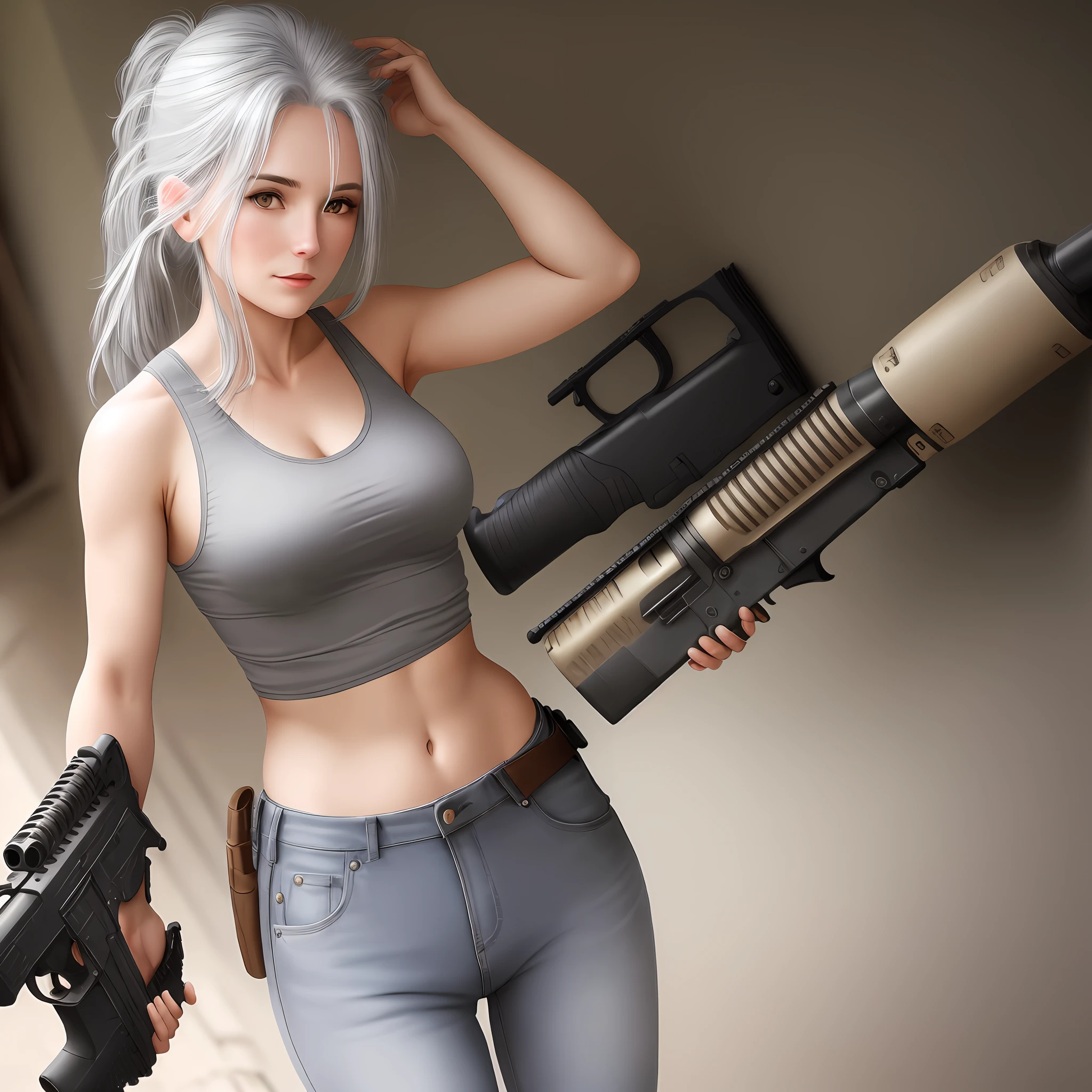 High quality ,30 years old girl,gray hair,tank top,jean,a gun holding.