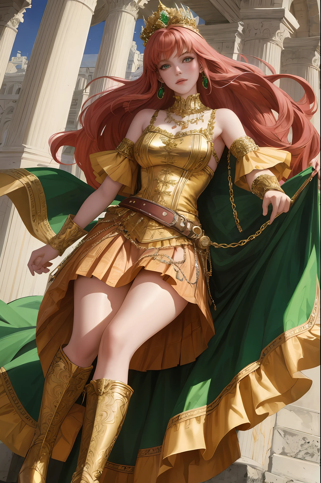 8k, best quality, masterpiece, highly detailed, semi realistic, 1 girl, young female, 19 years old, long red hair, right eye covered by fringes, green right eye, jewelry crown, short pink and gold palace style skirts, golden iron boots, thin figure, holding a sword,