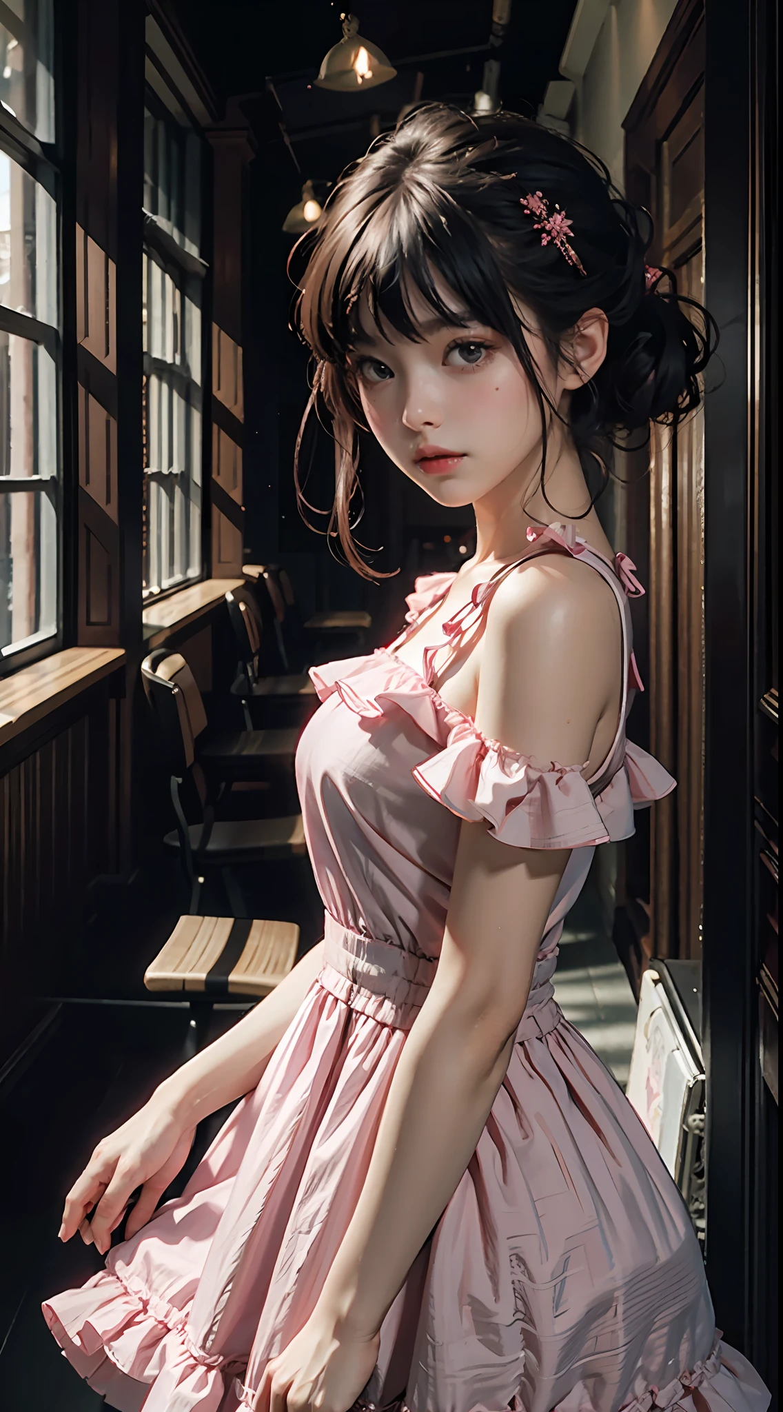 Best quality, masterpiece, super high resolution, (fidelity: 1.4), original photo, 1girl, pink dress, cinematic lighting