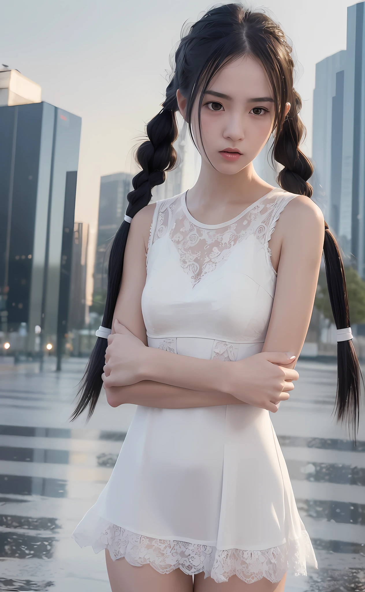 mix4, 1girl, cute, young, slender, petite,
white long lace dress,
((arms crossed)), turning away,
mouth open slightly, black hair, ((twintail)), floating hair,
angry, annoyed, complaining, blaming, upset, disgusted, frowning, scorning,
cityscape, raining, wet, drizzling, raindrops, windy,
portrait photo, shot on iphone,
professional lighting, photon mapping, radiosity, physically-based rendering,
(8k, RAW photo, best quality, masterpiece:1.2), (realistic, photo-realistic:1.37),