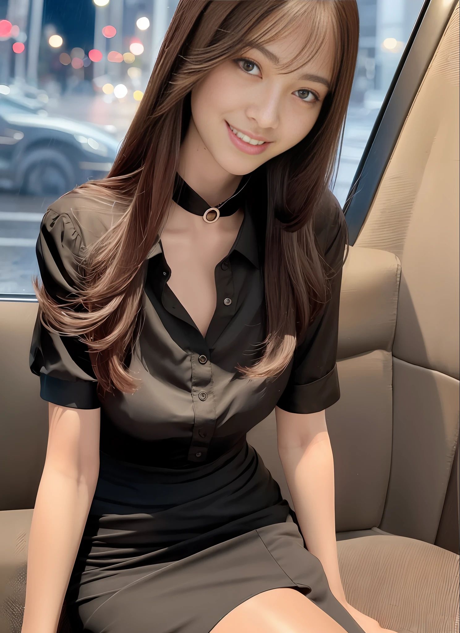 8K, Best Quality, Masterpiece: 1.2), Super Detail, 1 Girl, Cute, Independent, Beautiful Detail Sky, Detail Cafe, Night, Sitting, Dating, (Red Nose), Sweet Smile, (Smile: 1.15 ), (close up) small breasts, color contact lenses, (collar shirt: 1.1), black dress, black stockings, night, wet, business attire, rain, long hair, flowing hair, NovaFrog style, half naked, cat,