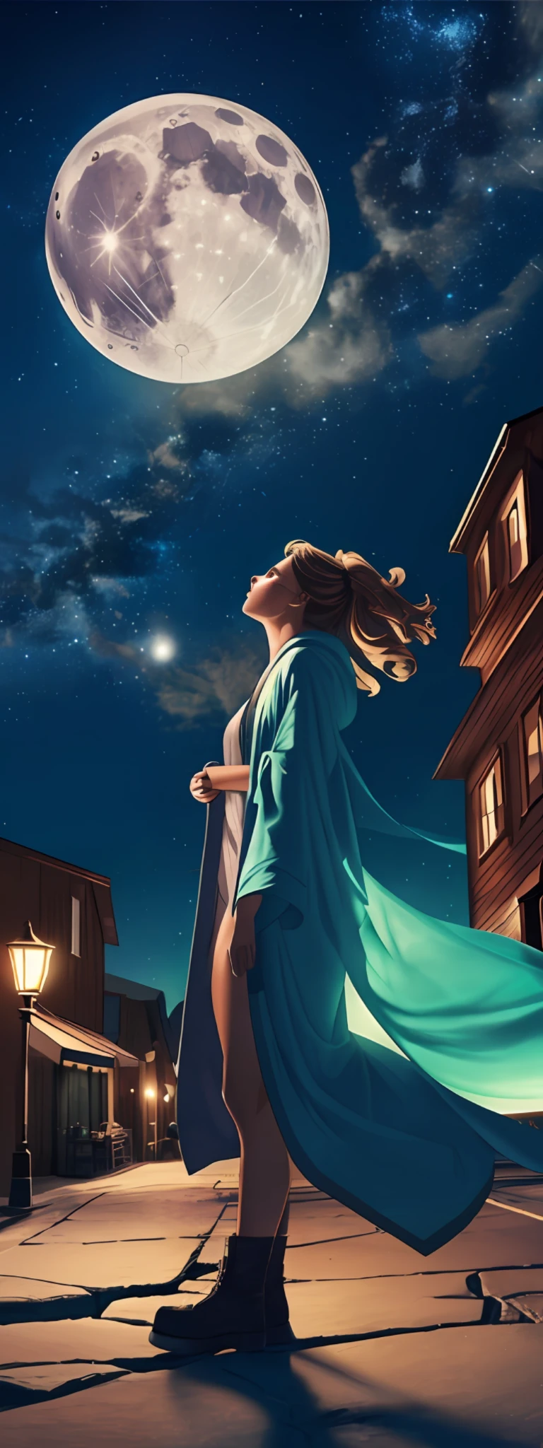 (((expansive landscape photograph with a beautiful pilot girl in torn robes))), ((a view from below that shows the sky above and the harbor space below)), (a beautiful pilot girl) standing in a harbor space looking up, (full moon: 1.2), (shooting stars: 0.9), (nebula: 1.3), distant spaceship on moon freight, production art,  (warm light source: 1.2), (Firefly: 1.2), lamp, very green and blue, complex details, volumetric lighting, realism BREAK (masterpiece: 1.2), (best quality), 4k, ultra-detailed, (dynamic composition: 1.4), highly detailed, colorful details, (iridescent colors: 1.2), (bright lighting, atmospheric lighting), dreamy, magical, (solo: 1.2)